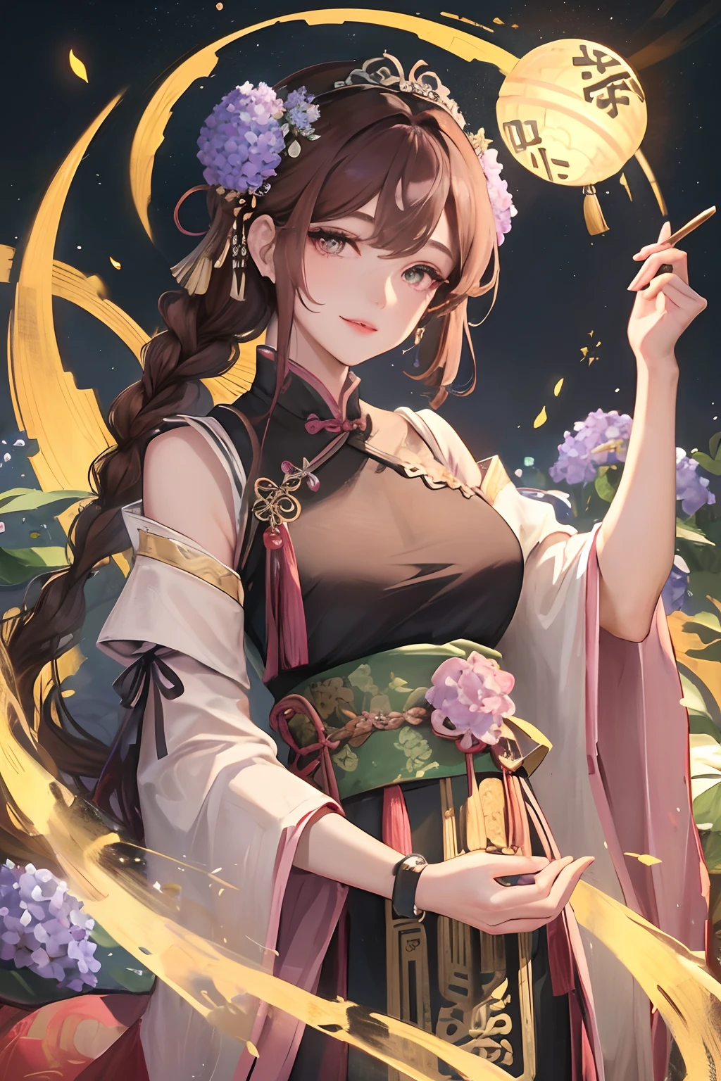 Masterpiece, best quality, night, full moon, 1 girl, mature woman, Chinese style, ancient China, elder sister, imperial sister, smile, brown hair, princess cut, single Fried Dough Twists braid, coiled hair, double ball head, light pink lips, calm, intellectual, middle hair, green pupil, hairpin, hydrangea,