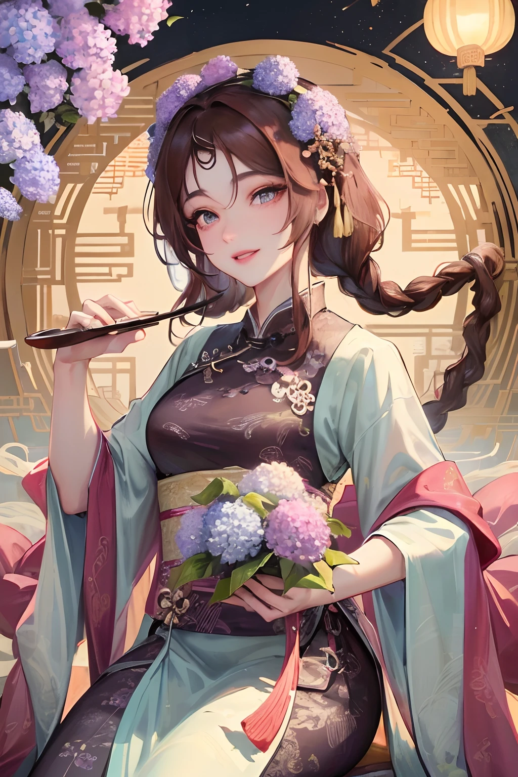 Masterpiece, best quality, night, full moon, 1 girl, mature woman, Chinese style, ancient China, elder sister, imperial sister, smile, brown hair, princess cut, single Fried Dough Twists braid, coiled hair, double ball head, light pink lips, calm, intellectual, middle hair, green pupil, hairpin, hydrangea,