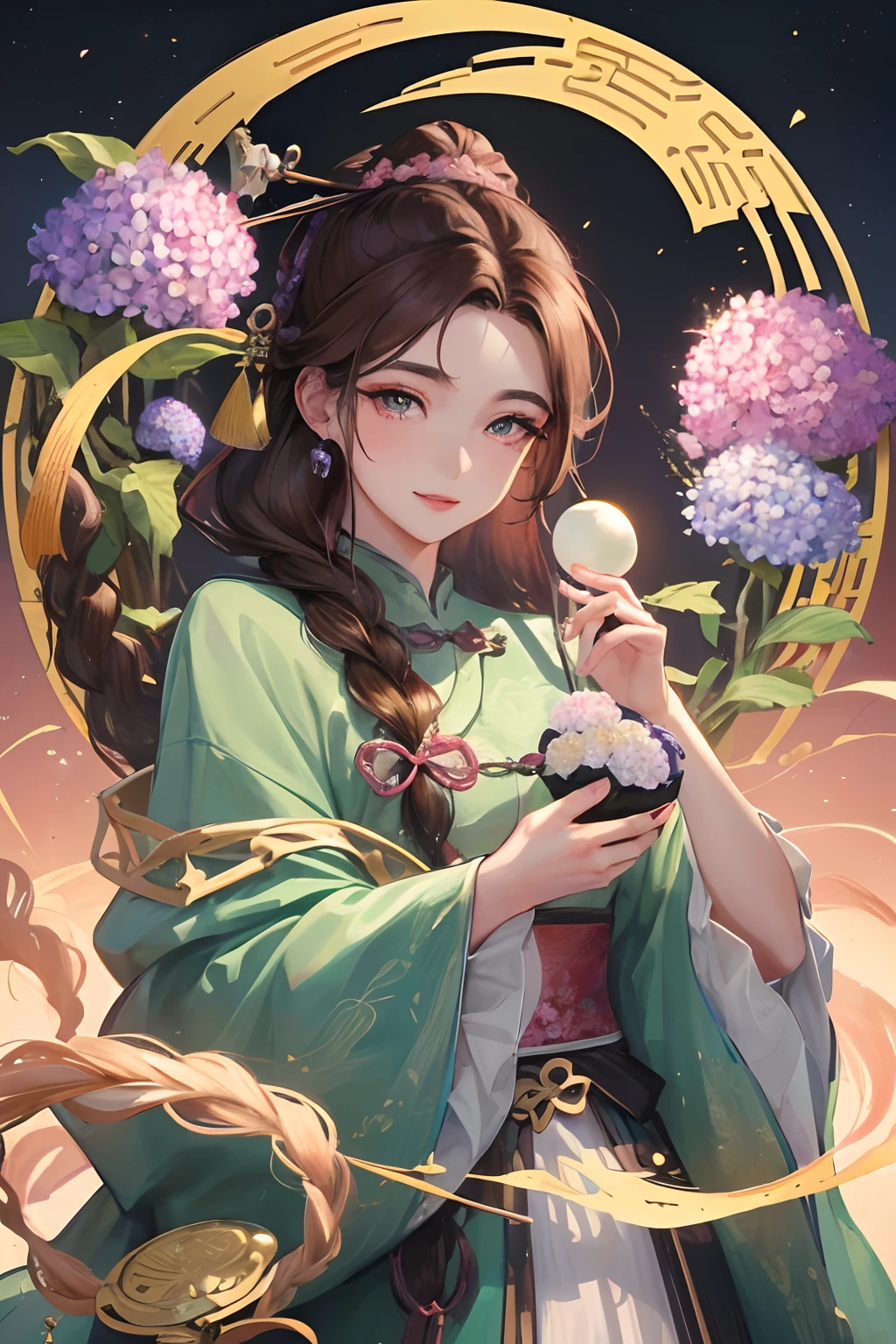 Masterpiece, best quality, night, full moon, 1 girl, mature woman, Chinese style, ancient China, sister, imperial sister, smile, brown hair, princess cut, a Fried Dough Twists braid, coiled hair, double ball heads, light pink lips, calm, intellectual, middle parting hair, green pupils, hairpin, hydrangea,