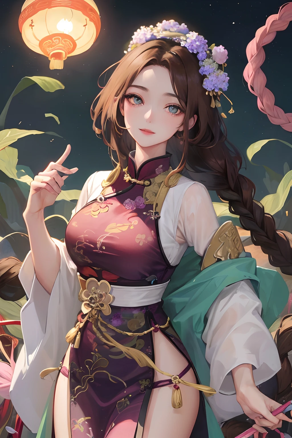 Masterpiece, best quality, night, full moon, 1 girl, mature woman, Chinese style, ancient China, sister, imperial sister, smile, brown hair, princess cut, a Fried Dough Twists braid, coiled hair, double ball heads, light pink lips, calm, intellectual, middle parting hair, green pupils, hairpin, hydrangea,