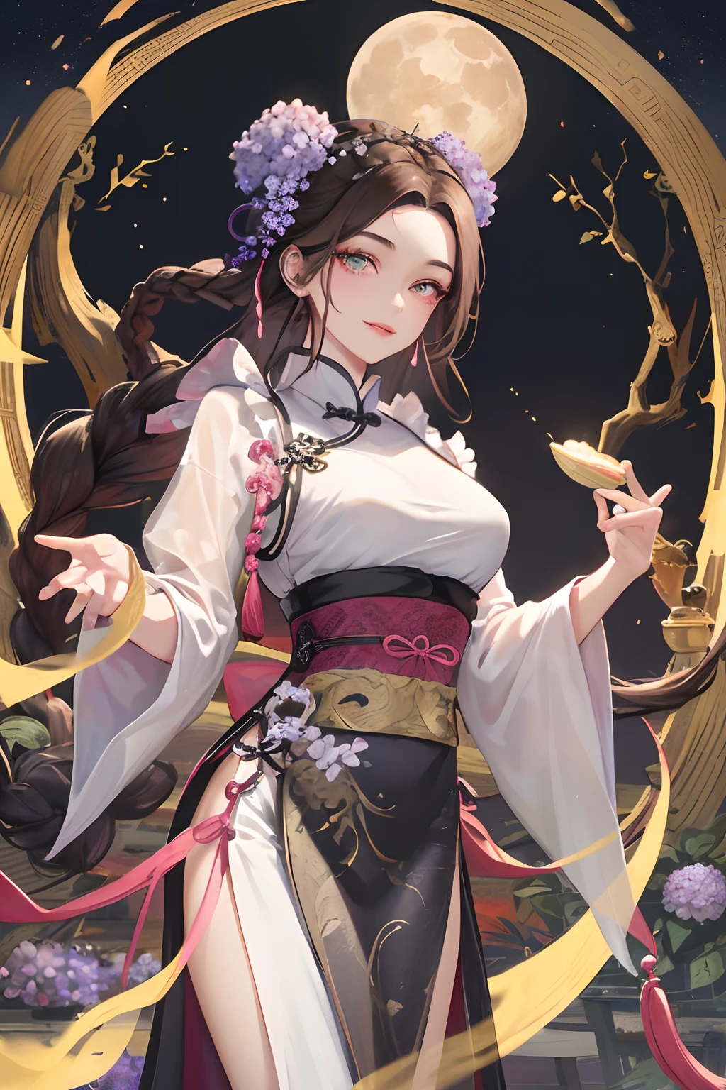 Masterpiece, best quality, night, full moon, 1 girl, mature woman, Chinese style, ancient China, elder sister, imperial sister, smile, dark brown hair, princess cut, a Fried Dough Twists braid, coiled hair, double ball heads, light pink lips, calm, intellectual, middle parting hair, green pupils, hairpin, hydrangea,