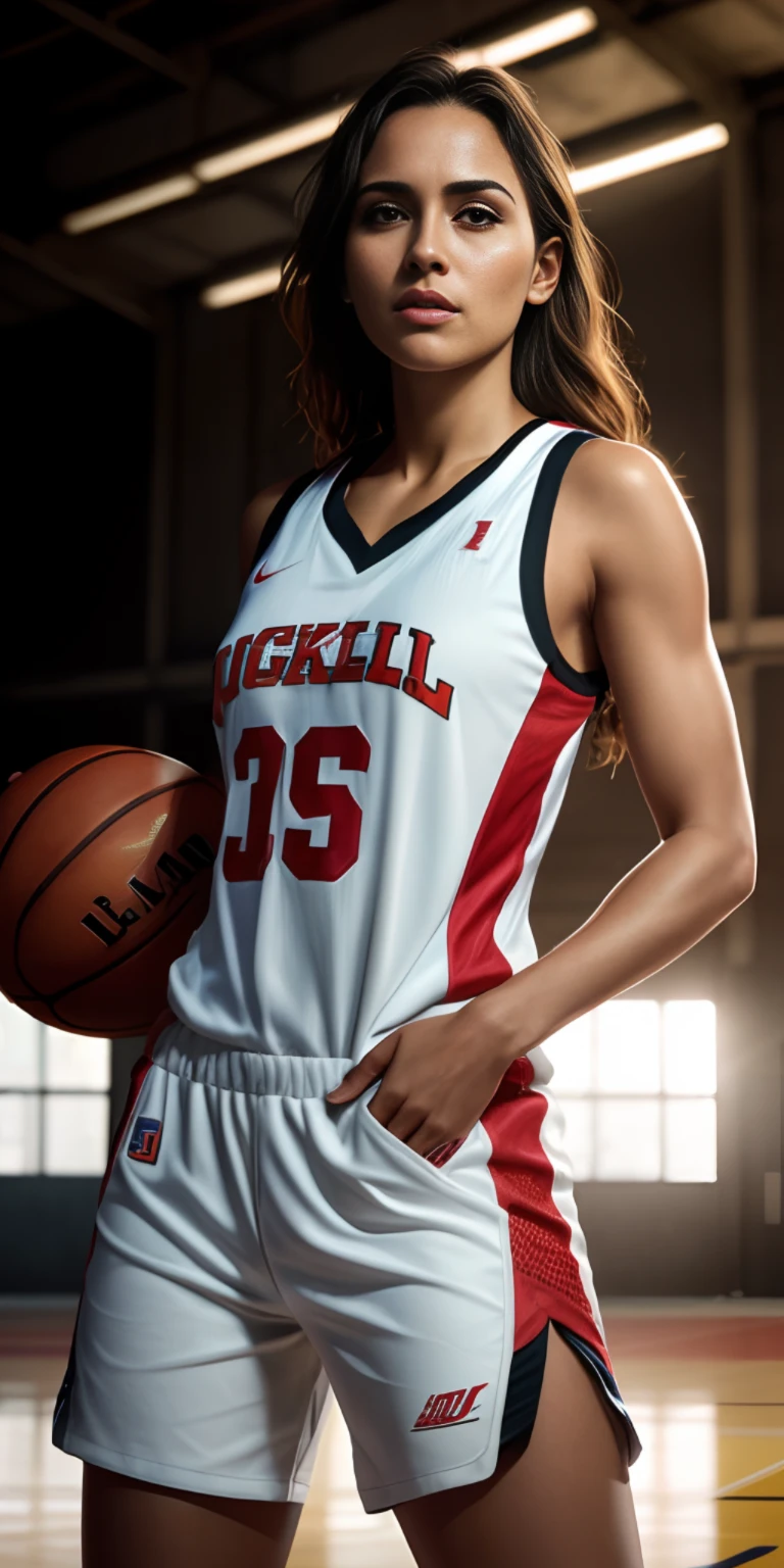 beautiful mature college girl, wearing basketball outfit, in basketball court, ((slim, petite)), photorealistic, photo, masterpiece, realistic, realism, photorealism, high contrast, photorealistic digital art trending on Artstation 8k HD high definition detailed realistic, detailed, skin texture, hyper detailed, realistic skin texture, armature, best quality, ultra high res, (photorealistic:1.4),, high resolution, detailed, raw photo, sharp re, by lee jeffries nikon d850 film stock photograph 4 kodak portra 400 camera f1.6 lens rich colors hyper realistic lifelike texture dramatic lighting unrealengine trending on artstation cinestill 800,