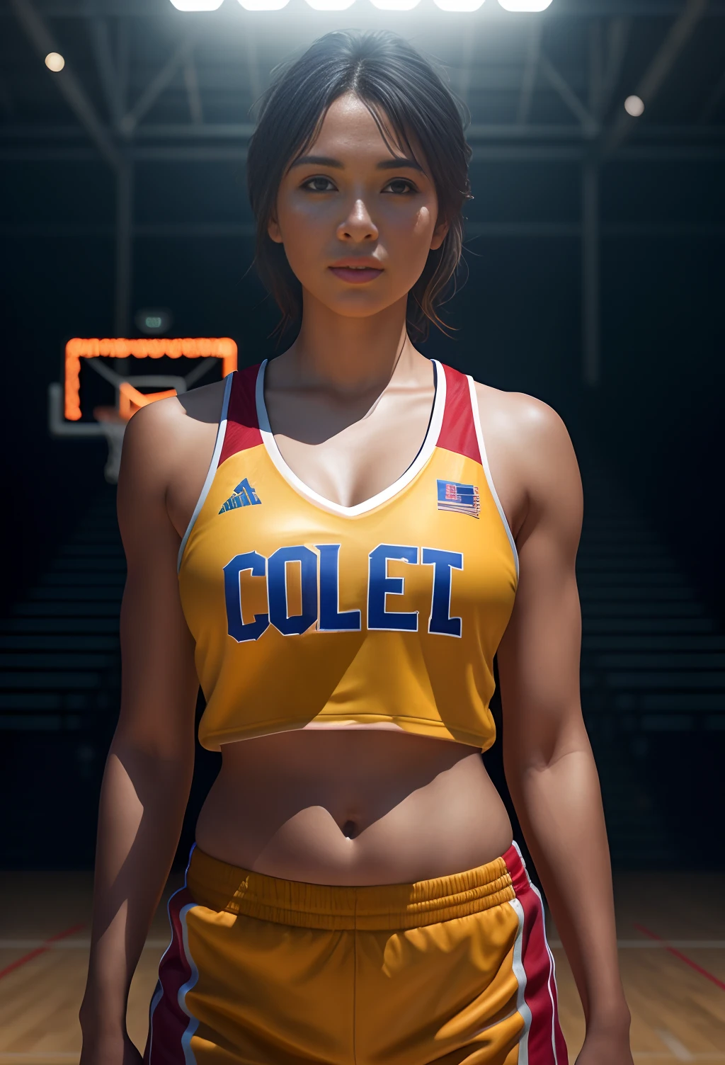 beautiful mature college girl, wearing basketball outfit, in basketball court, slim, petite,, photorealistic, photo, masterpiece, realistic, realism, photorealism, high contrast, photorealistic digital art trending on Artstation 8k HD high definition detailed realistic, detailed, skin texture, hyper detailed, realistic skin texture, armature, best quality, ultra high res, (photorealistic:1.4),, high resolution, detailed, raw photo, sharp re, by lee jeffries nikon d850 film stock photograph 4 kodak portra 400 camera f1.6 lens rich colors hyper realistic lifelike texture dramatic lighting unrealengine trending on artstation cinestill 800,
