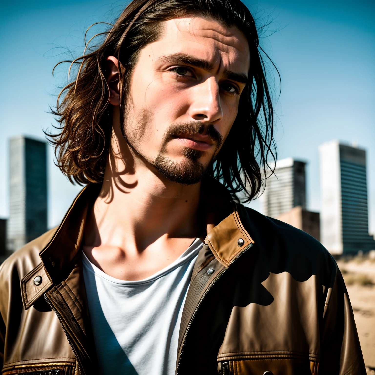 RAW photo, a close up portrait photo of brutal 45 y.o man in wastelander clothes, long haircut, pale skin, slim body, background is city ruins, (high detailed skin:1.2), 8k uhd, dslr, soft lighting, high quality, film grain, Fujifilm XT3