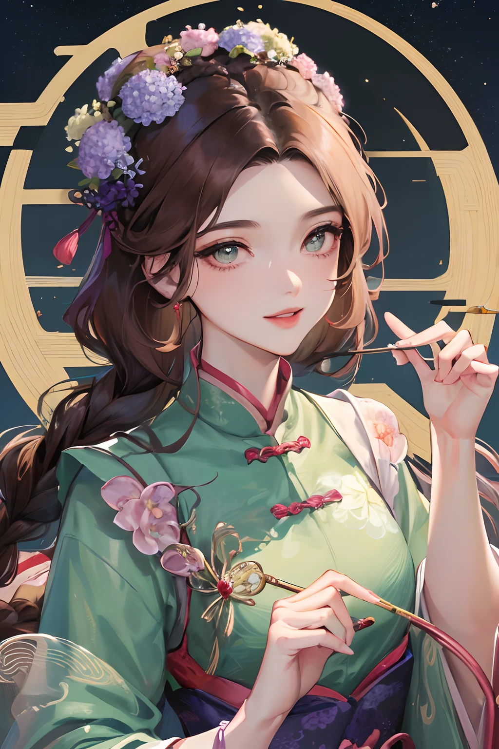 Masterpiece, best quality, night, full moon, 1 girl, mature woman, Chinese style, ancient China, sister, imperial sister, smile, brown hair, princess cut, a Fried Dough Twists braid, coiled hair, double ball heads, light pink lips, calm, intellectual, middle parting hair, green pupils, hairpin, hydrangea,