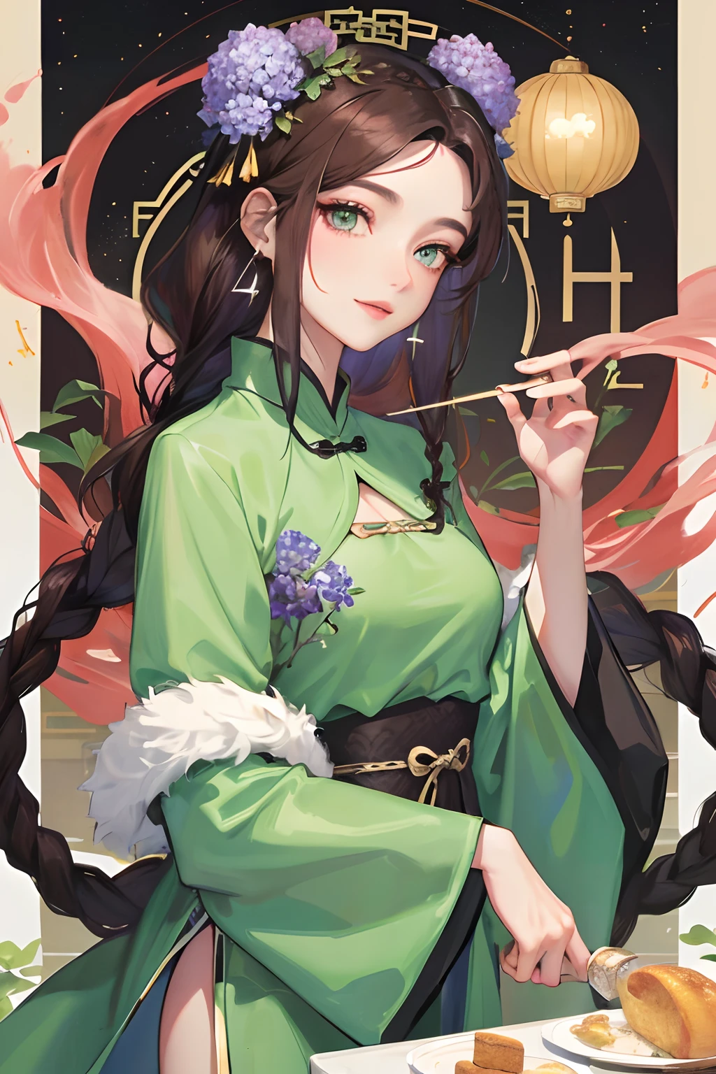 Masterpiece, best quality, night, full moon, 1 girl, mature woman, Chinese style, ancient China, sister, imperial sister, smile, dark brown hair, dark hair, princess cut, a Fried Dough Twists braid, coiled hair, double ball head, light pink lips, calm, intellectual, middle hair, green eyes, hairpin, hydrangea, fine face, facial close-up, hand close-up, green clothes