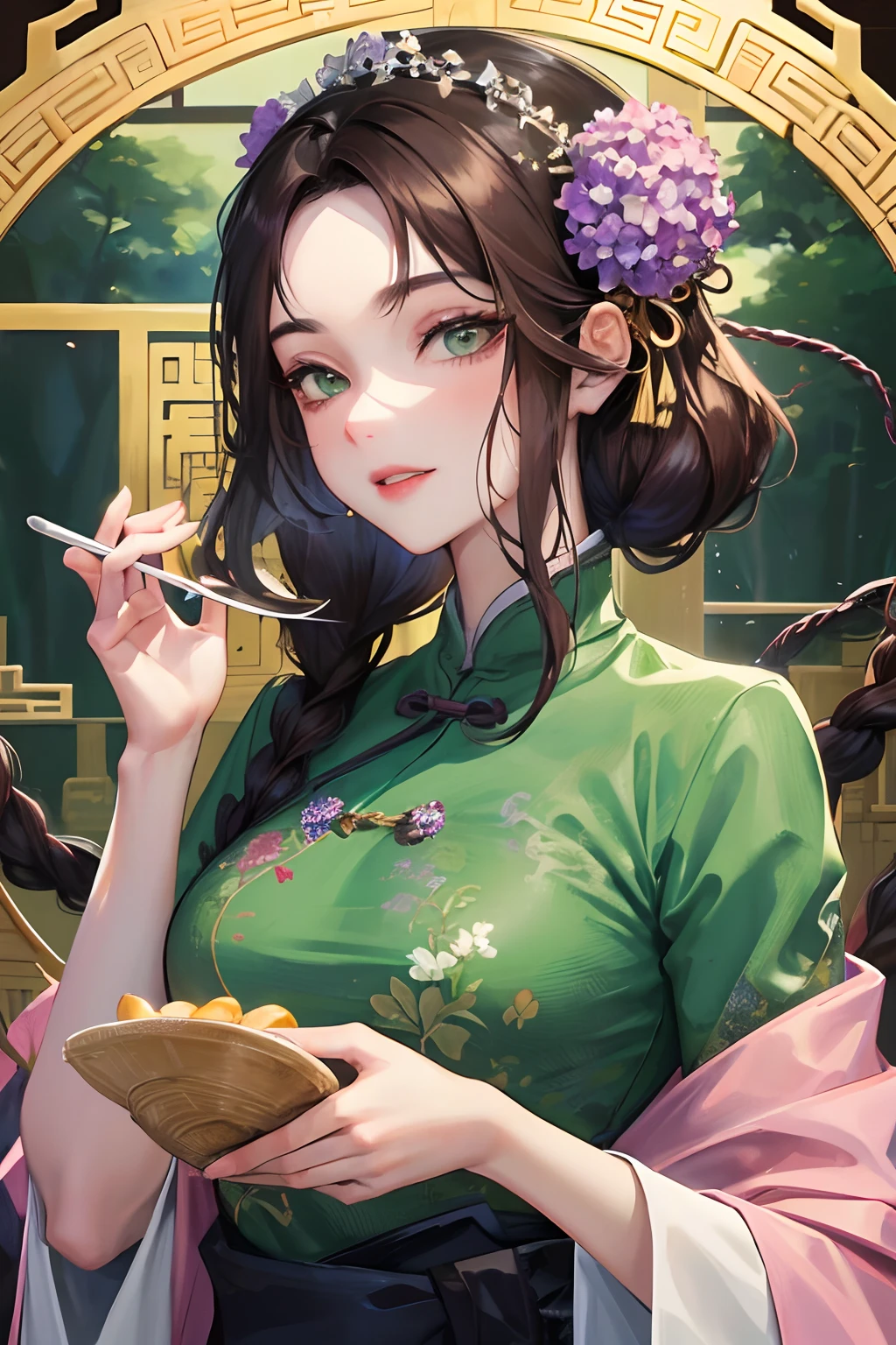 Masterpiece, best quality, night, full moon, 1 girl, mature woman, Chinese style, ancient China, sister, imperial sister, smile, dark brown hair, dark hair, princess cut, a Fried Dough Twists braid, coiled hair, double ball head, light pink lips, calm, intellectual, middle hair, green eyes, hairpin, hydrangea, fine face, facial close-up, hand close-up, green clothes