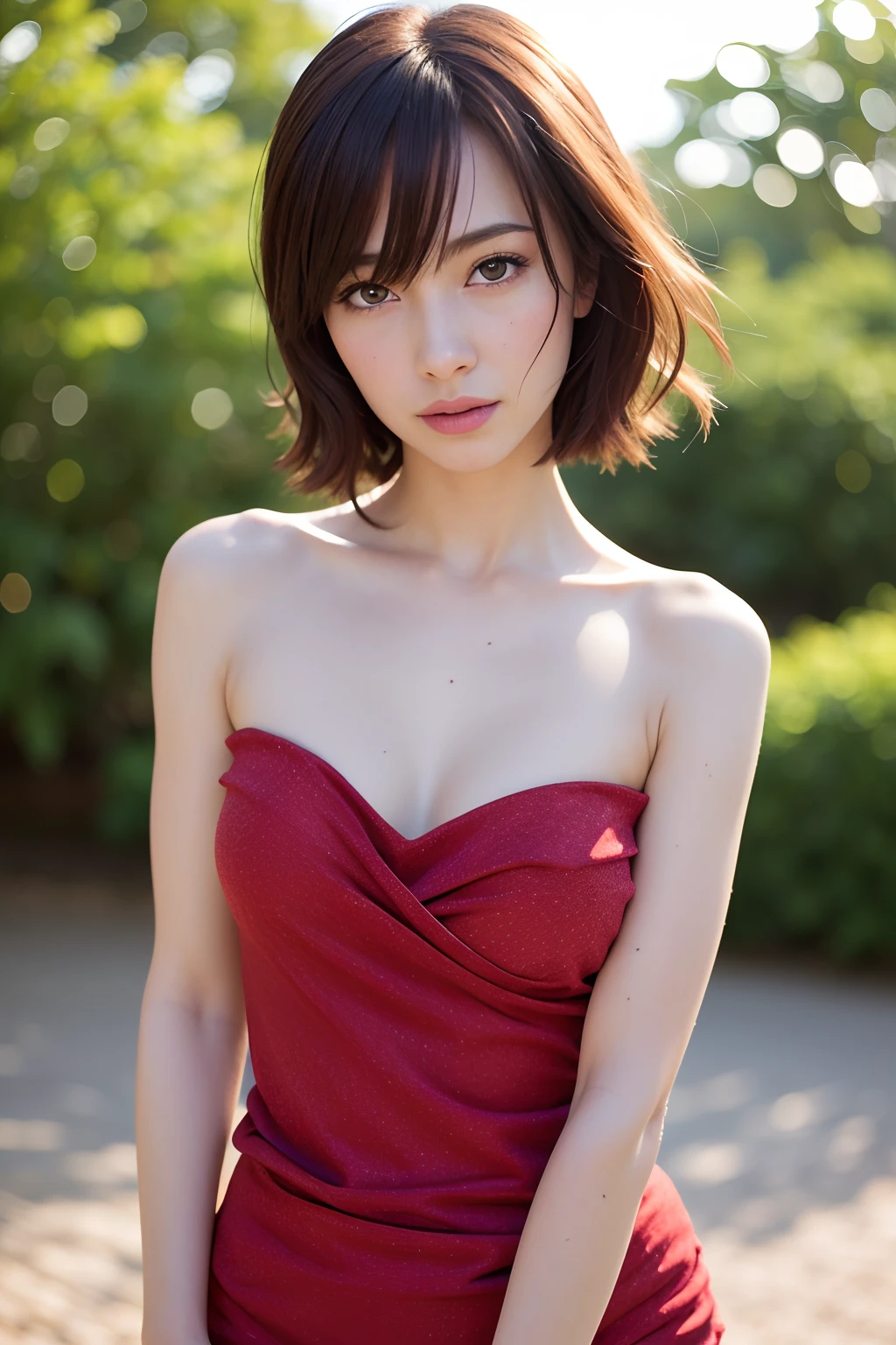 good hand,4k, high-res, masterpiece, best quality, head:1.3, (Japanese idol), finely detailed skin, sharp focus, (cinematic lighting), collarbone, morning, soft lighting, medium hair, dynamic angle, [:(detailed face:1.2):0.3], armpit crease, thigh gap, red clothes, slender, outdoors