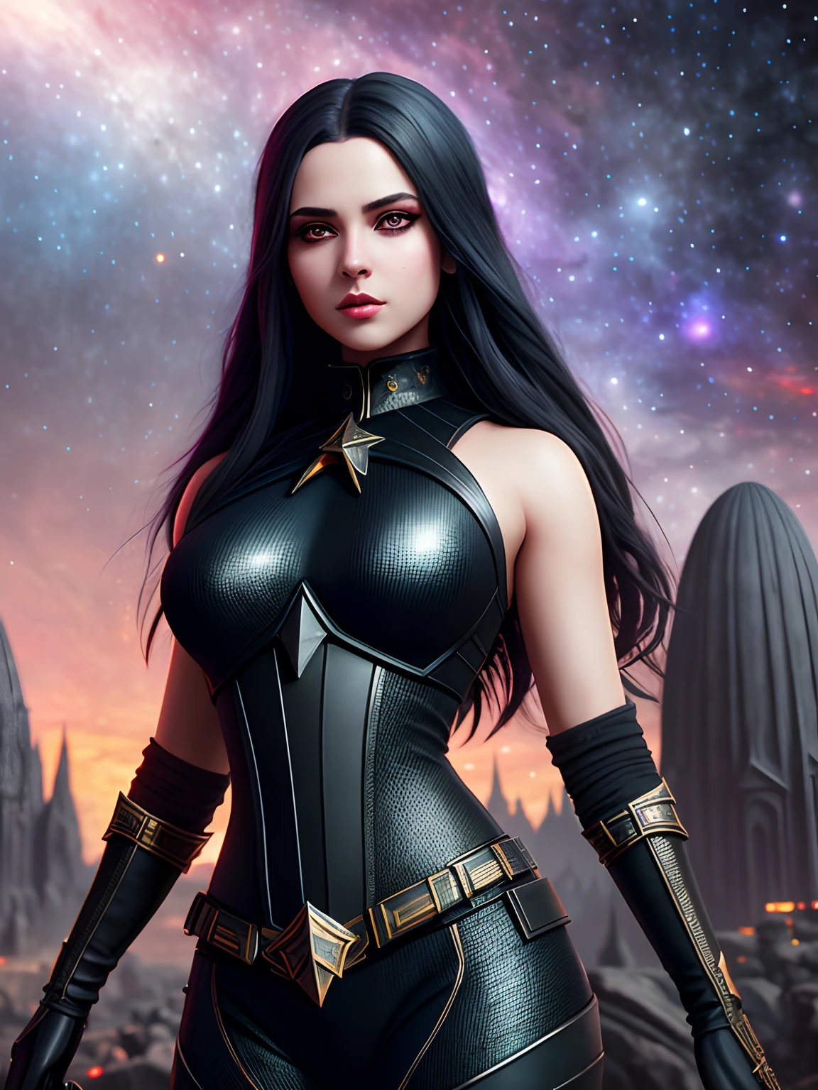Highly detailed RAW color Photo, beautiful goth girl, dynamic pose, (wide hips), (detailed skin), (detailed lips), (detailed eyes), (cosmic:1.4), (necropolis:1.1), (Sci-Fi setting) (detailed face), (curvy), detailed eyes, chromatic aberration, depth of field, soft lighting, masterpiece, best quality, intricate, (lens flare:0.7), (bloom:0.7), particle effects, raytracing, tone mapped, highly detailed, concept art, smooth, sharp focus, dramatic lighting, highly detailed artwork, cinematic, hyper realistic painting, trending on Artstation, 8K, incredible shadows, realistic, (highly detailed background:1.2), art by midjourney