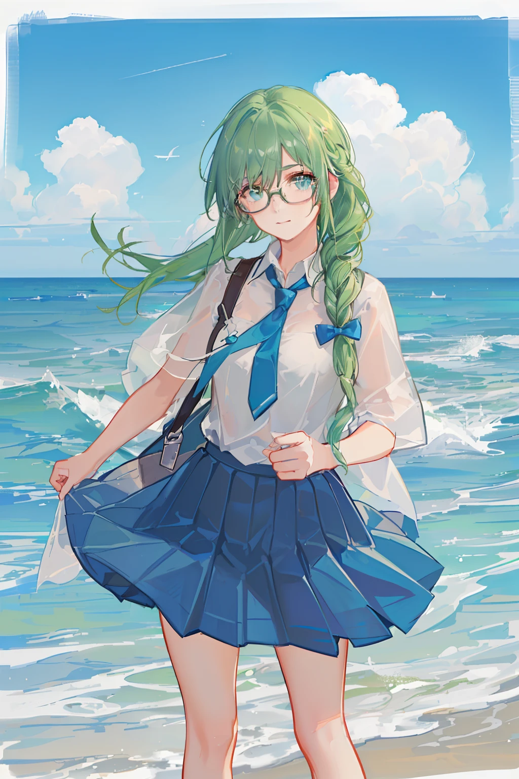 4K, best quality, 1 girl, 18 years old, light green hair, double layer fried dough braid, fried dough braid tied behind ears, dark blue tie. Deep blue pleated skirt, strap on skirt, glasses, vitality, vitality, girl, seaside, sunshine, blue sky, waves