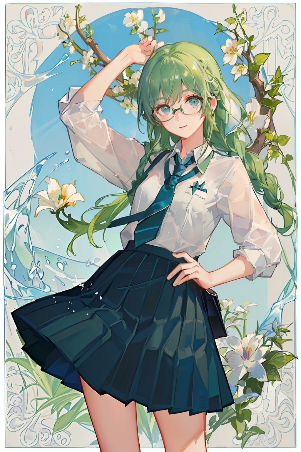 4K, best quality, 1 girl, 18 years old, light green hair, double layer fried dough braid, fried dough braid tied behind ears, dark blue tie. Dark blue pleated skirt, strap on skirt, glasses, vitality, vitality, girl, forest, small animal