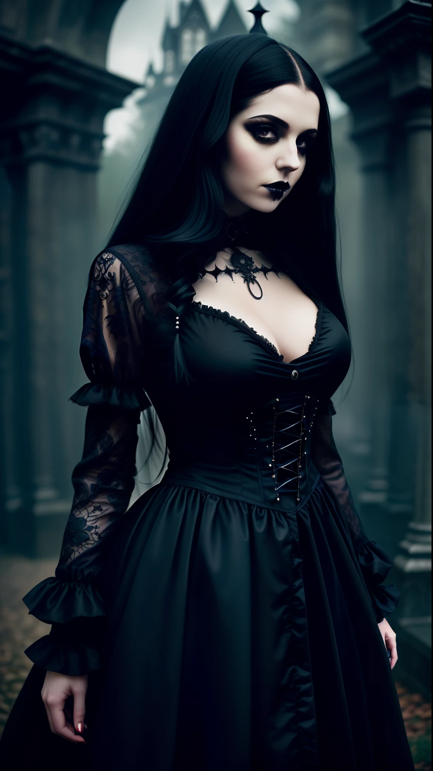 girl, (erotism:1.3), (gothic dress:1.3), highly detailed, black long  hair, empress, black lipstick, Cinematic film still, hdr, cinematic lighting, (volumetric fog:0.7)