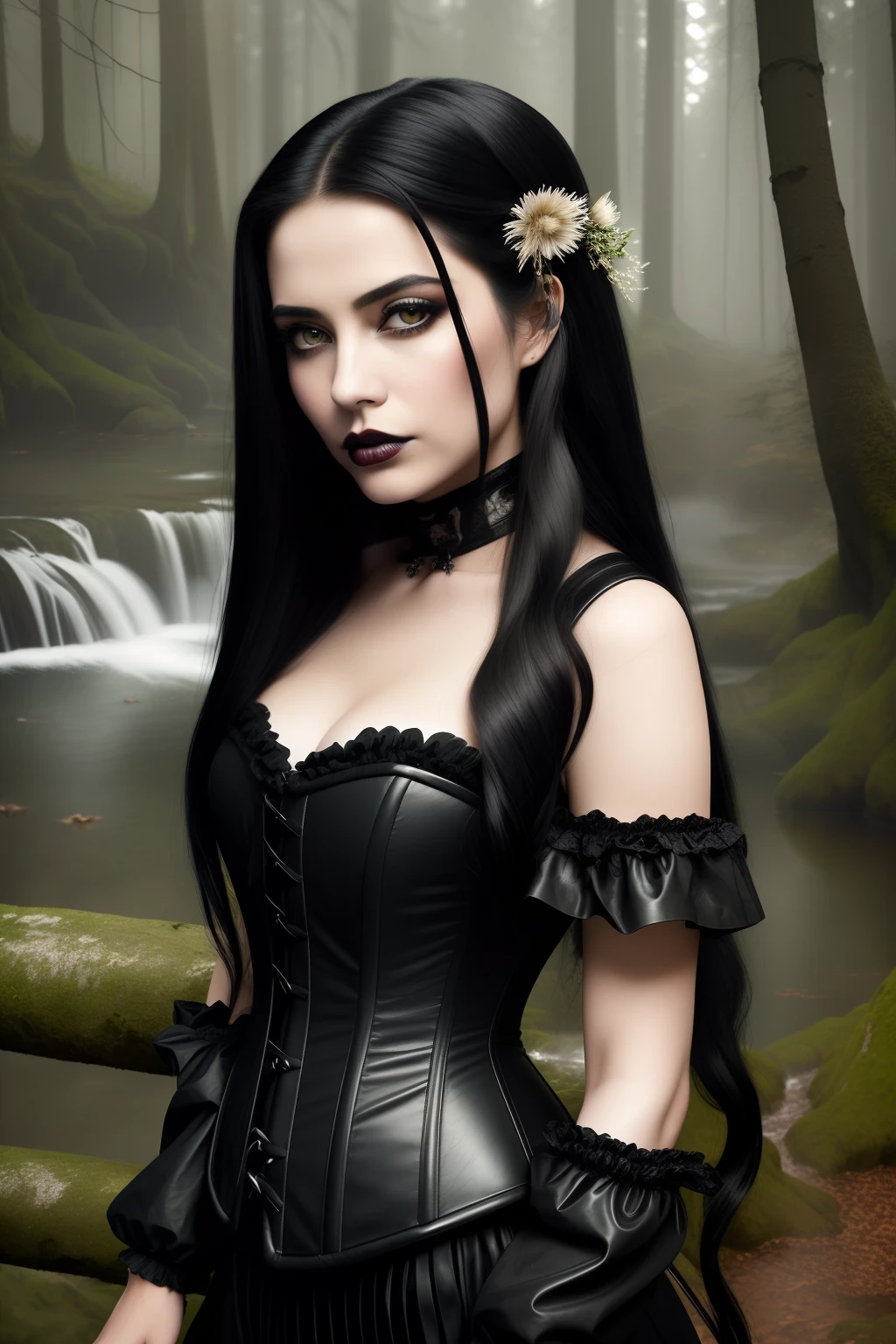 masterpiece, best quality, {30 year old female}, long black hair, expressionless, windswept hair, black leather corset, black lipstick, detailed eyes, forest background, waterfall {eroticism 1.5}