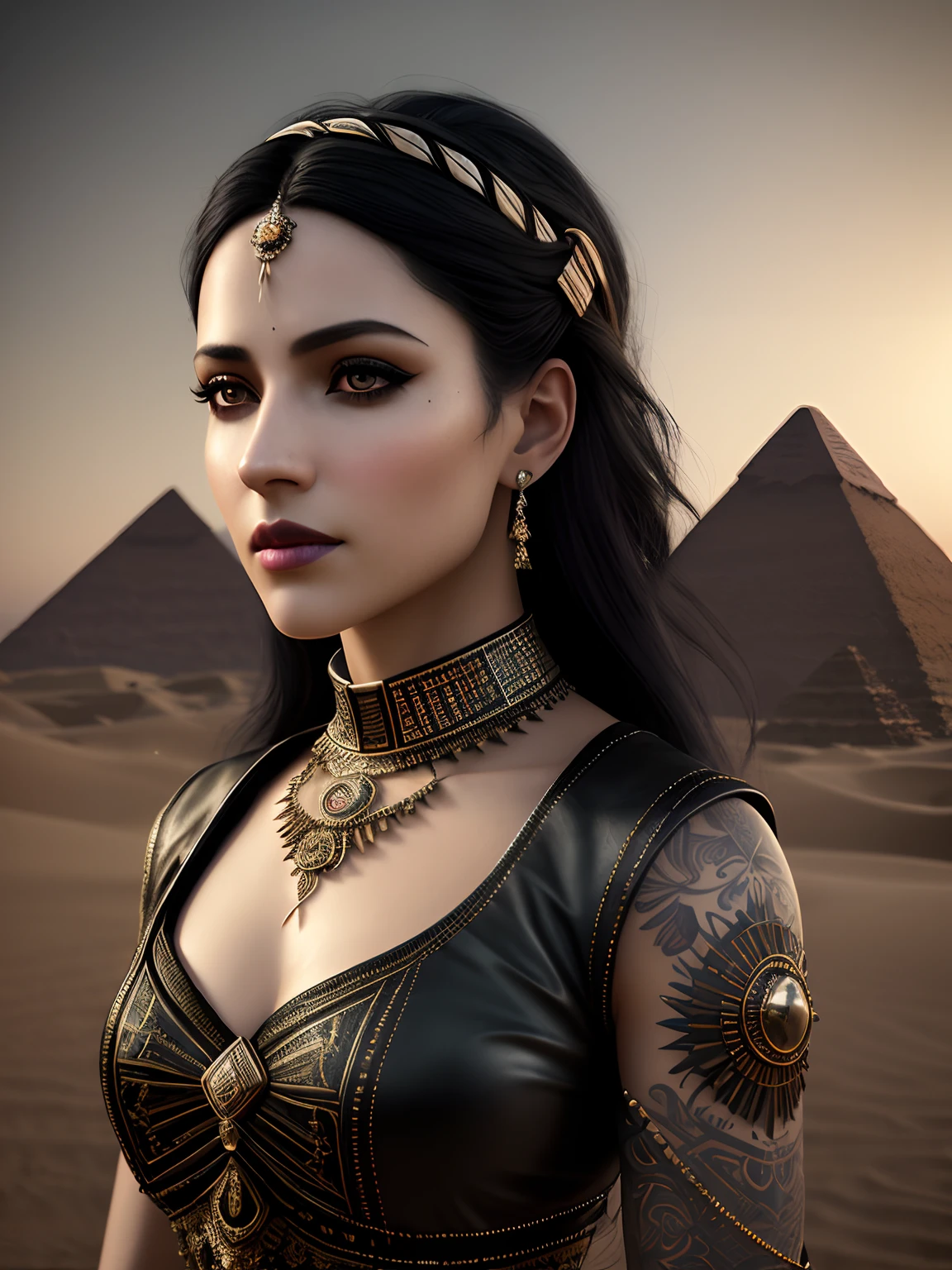 masterpiece, best quality, photorealism, 8k, {30 year old female}, black hair, expressionless, black leather bust, black lipstick, detailed eyes, black arm tatoos, ornate jewellery, lip piercing, night time, desert setting, pyramids in the distance, ancient, baron, realism {eroticism 1.4} natural skin texture, 24mm, 4k textures, soft cinematic light, adobe lightroom, photolab, hdr, intricate, elegant, highly detailed, sharp focus, ((((cinematic look)))), soothing tones, insane details, intricate details, hyperdetailed, low contrast, soft cinematic light, dim colors, exposure blend, hdr, faded, slate atmosphere