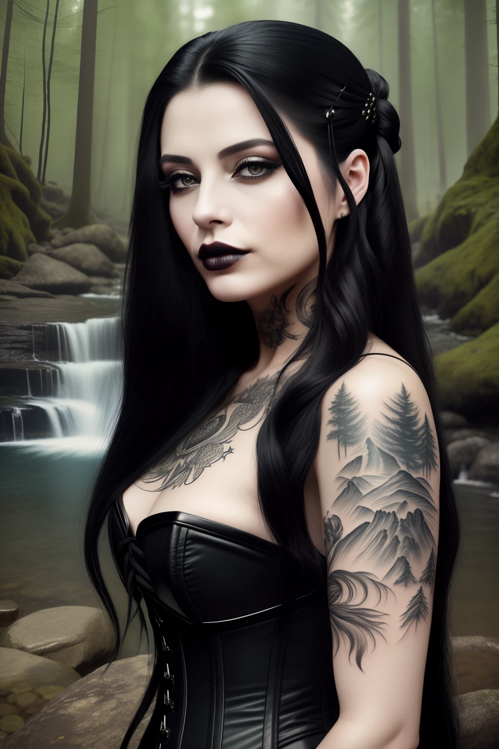 masterpiece, best quality, {30 year old female}, long black hair, expressionless, windswept hair, black leather corset, black lipstick, detailed eyes, forest background, waterfall {eroticism 1.5}, arm tattoos.