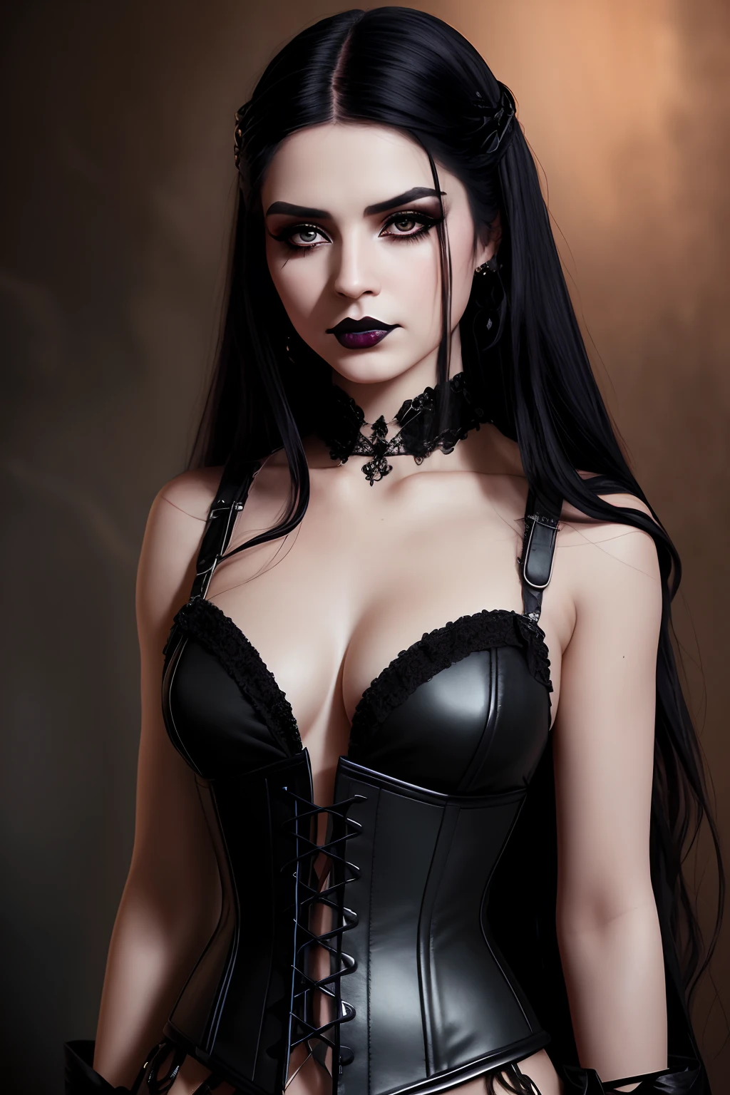 Fantasy style female European portrait, long black hair, gothic appearance, black lipstick, handsome, intimidating, petite body, black leather corset, realistic upper body 8k cinematic, dof, lightroom, science finction space background, moody lighting, 