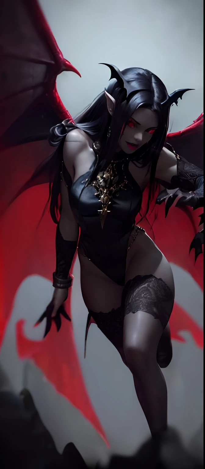 natural dim light, shadow, full body portrait, (beautiful female vampire in mysterious cave with magical_glow), cinematic, (beautiful_vampire_woman, rough_textured_skin, darkgrey_skinned, darkpurple_lips, long hair, red_blue_purple_glowing_eyes, angle, sinister grin), (midnightblue_moonlight), (black_darkblue_ritual robe, red_gold_symbols_decoration), (muscular_darkgrey_gargoyle_wings), pointy_ears, fangs, dark_fantasy, 8k, Unreal engine, highly detailed, octane render