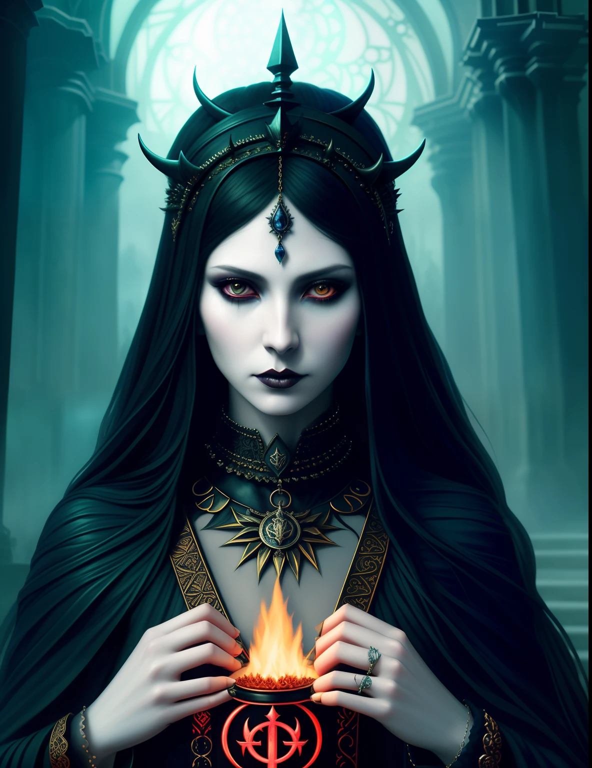 Satanic priestess Concept art portrait by Casey Weldon, Olga Kvasha, Miho Hirano, hyperdetailed intricately detailed gothic art trending on Artstation triadic colors, textured skin, cold skin pores, Unreal Engine 5 detailed matte painting, deep color, fantastical, intricate detail, splash screen, complementary colors, fantasy concept art, 8k resolution, gothic deviantart masterpiece