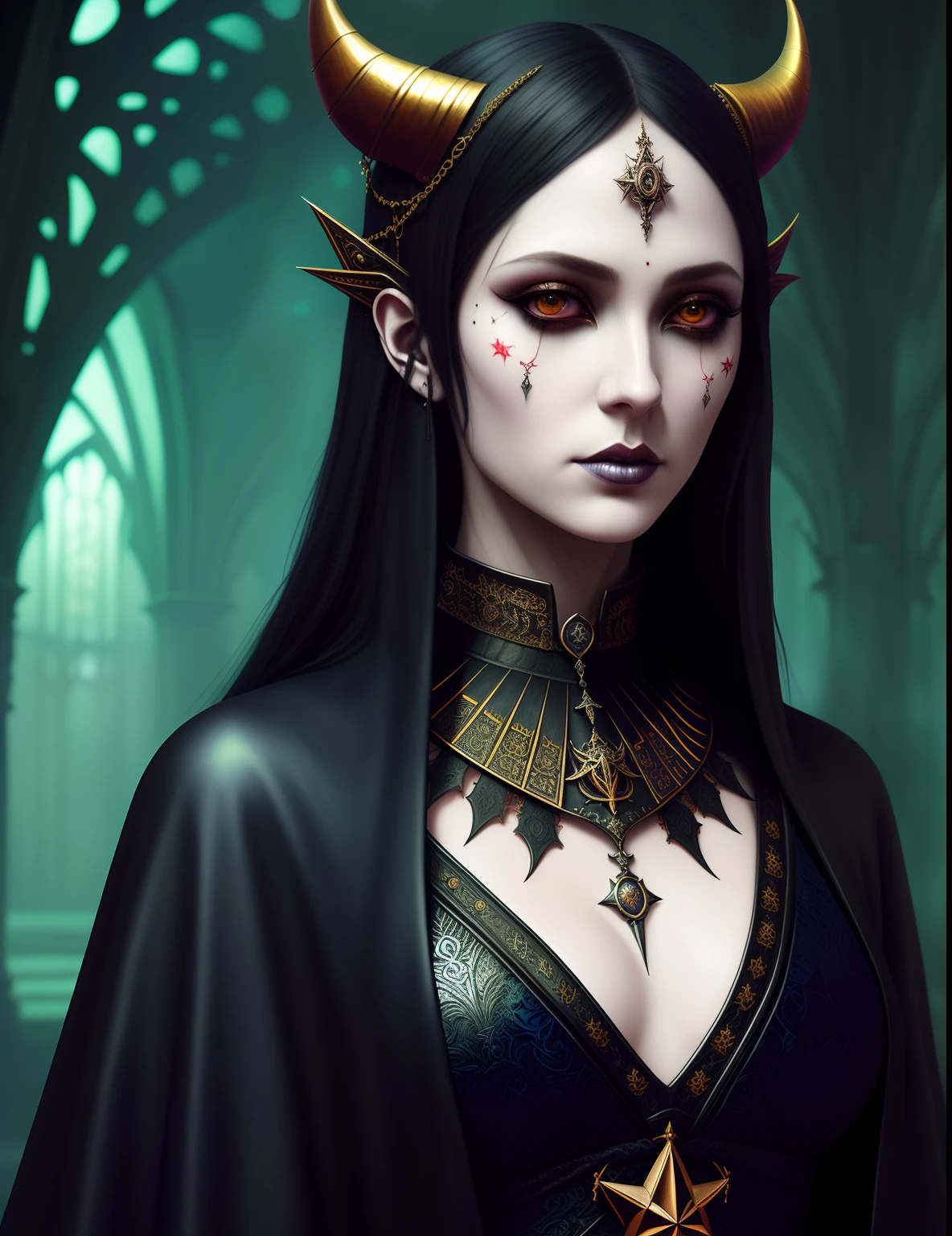 Satanic priestess Concept art portrait by Casey Weldon, Olga Kvasha, Miho Hirano, hyperdetailed intricately detailed gothic art trending on Artstation triadic colors, textured skin, cold skin pores,  Unreal Engine 5 detailed matte painting, deep color, fantastical, intricate detail, splash screen, complementary colors, fantasy concept art, 8k resolution, gothic deviantart masterpiece