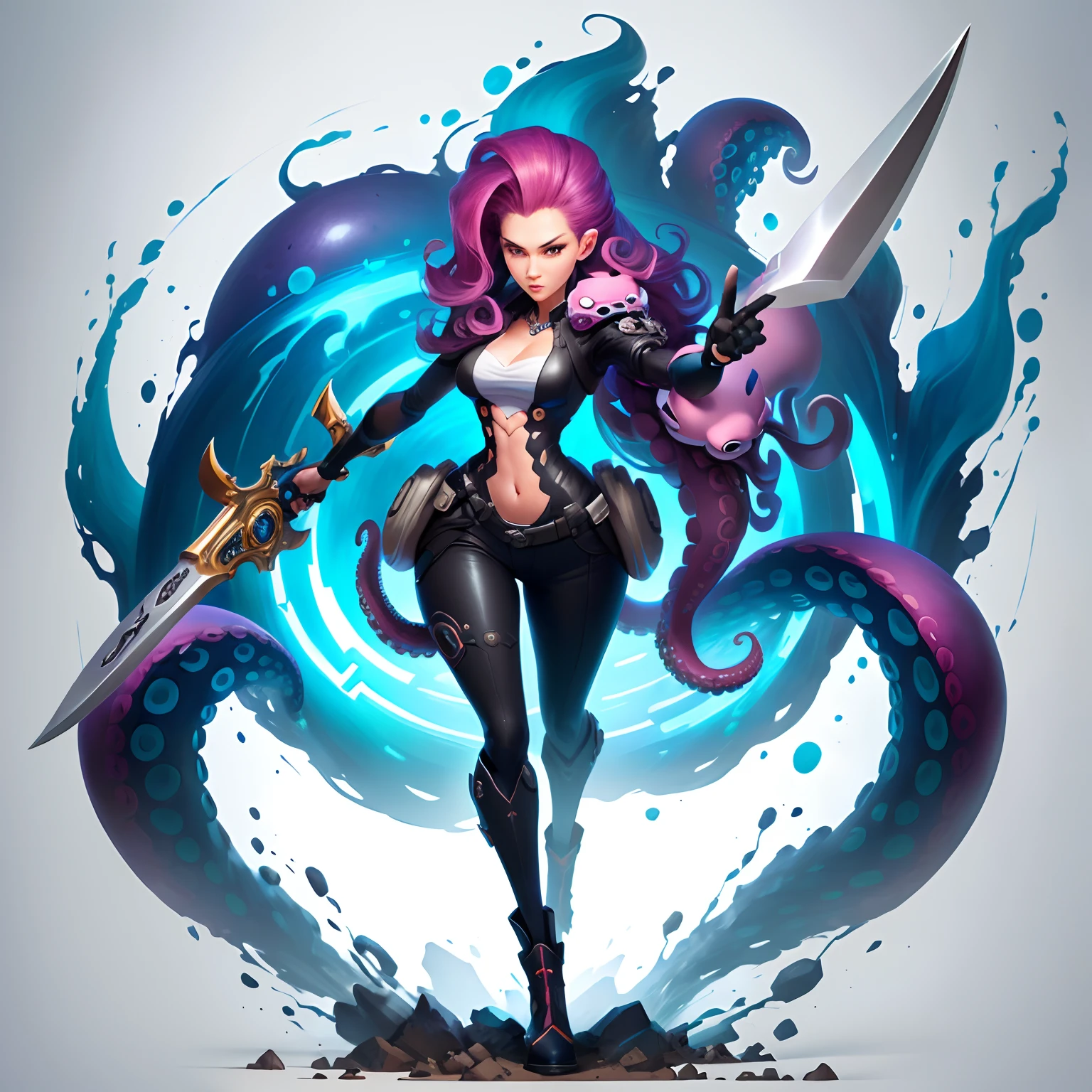 An octopus (cartoon original style), full body portrait of anthropomorphic form (game concept image), holding weapon, dynamic pose, best quality, super detail, HD rendering