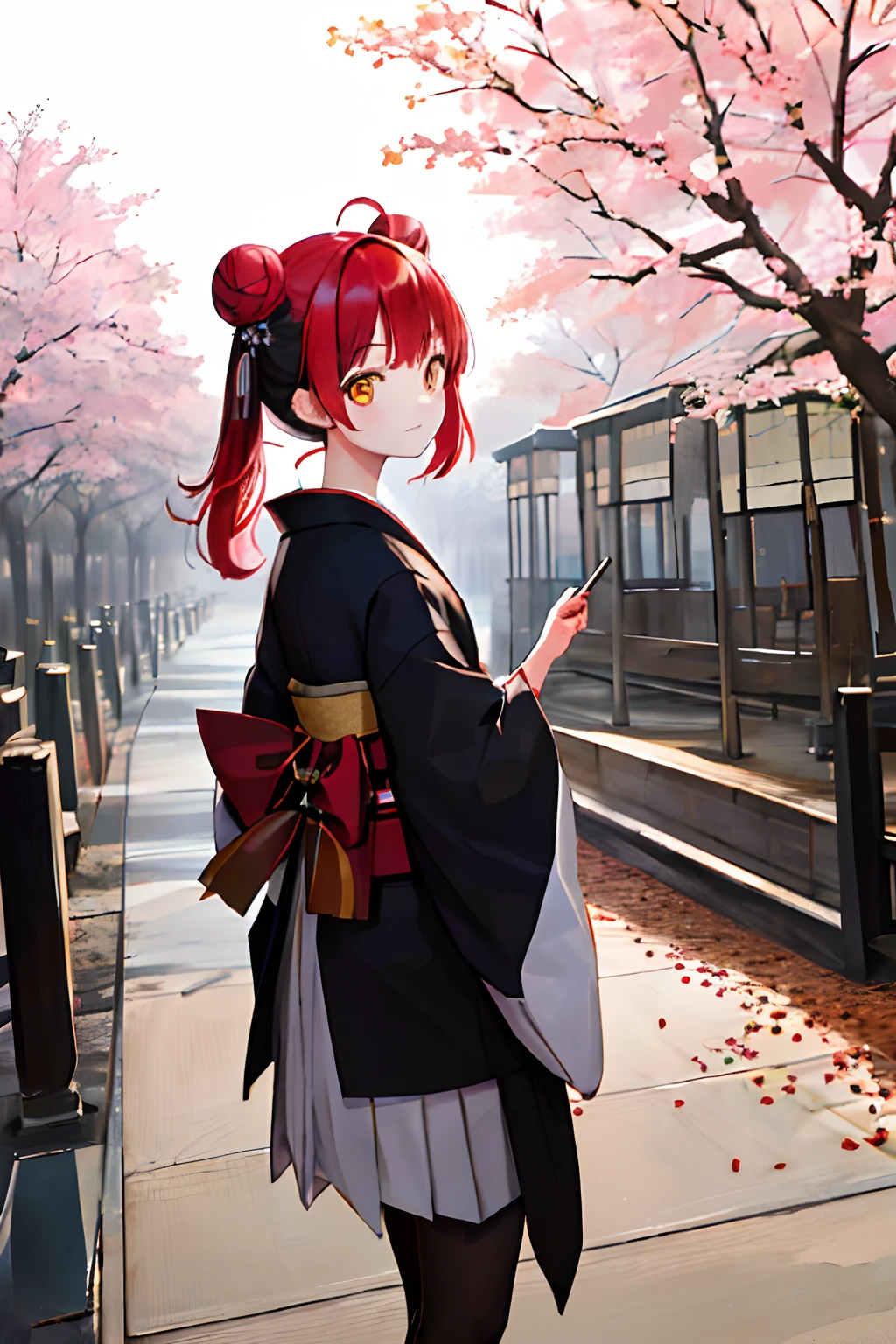 ((masterpiece,best quality)),2girls, black kimono, black legwear, black ribbon, black hair, cherry blossoms, day, flower, hair bun, hair ribbon, japanese clothes, kimono, long hair, looking at viewer, looking back, multiple girls, obi, outdoors, red eyes, red hair, ribbon, sandals, single hair bun, stairs, standing, statue, torii, tree, white kimono, yellow eyes