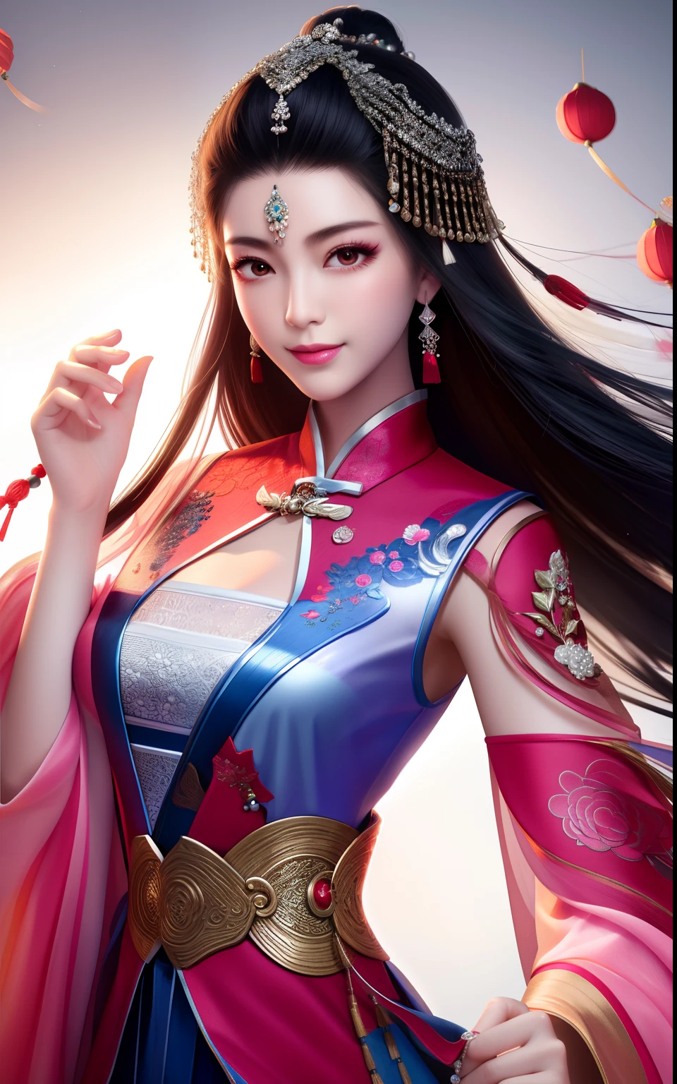 best quality, masterpiece,Upper body,(Carved wooden screen),1 girl, mature woman, chinese style, ancient china, sister, dancer, smile, black hairr, princess cut, a Fried Dough Twists braid, coiled hair, double ball head,Coiled hair,streamers, light pink lips, calm, intellectual, red eyes, tassels, silver thread, beads,peony flowers, gowns, capes, silk skirts, embroidery, fine face, facial close-up, hand close-up,Colorful clothes,(Embroidered ball fan),Beautiful face,photorealistic, rim lighting, two tone lighting,(high detailed skin:1.2), 8k uhd, dslr, soft lighting, high quality, volumetric lighting, Photograph, high resolution, 4k, 8k, Bokeh