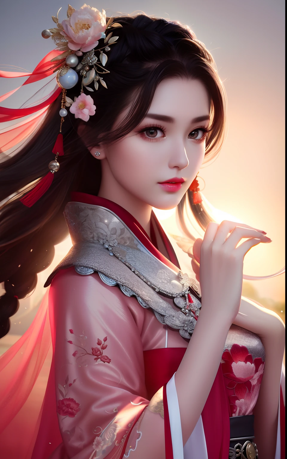 best quality, masterpiece,Upper body,(background:Garden),1 girl, mature woman, chinese style, ancient china, sister, dancer, dark brown hair, dark hair, princess cut, a Fried Dough Twists braid, coiled hair, double ball head,Coiled hair,streamers, light pink lips, calm, intellectual, red eyes, tassels, silver thread, beads,peony flowers, gowns, capes, silk skirts, embroidery, fine face, facial close-up, hand close-up,Light-colored clothes,Beautiful face,photorealistic, rim lighting, two tone lighting,(high detailed skin:1.2), 8k uhd, dslr, soft lighting, high quality, volumetric lighting, Photograph, high resolution, 4k, 8k, Bokeh