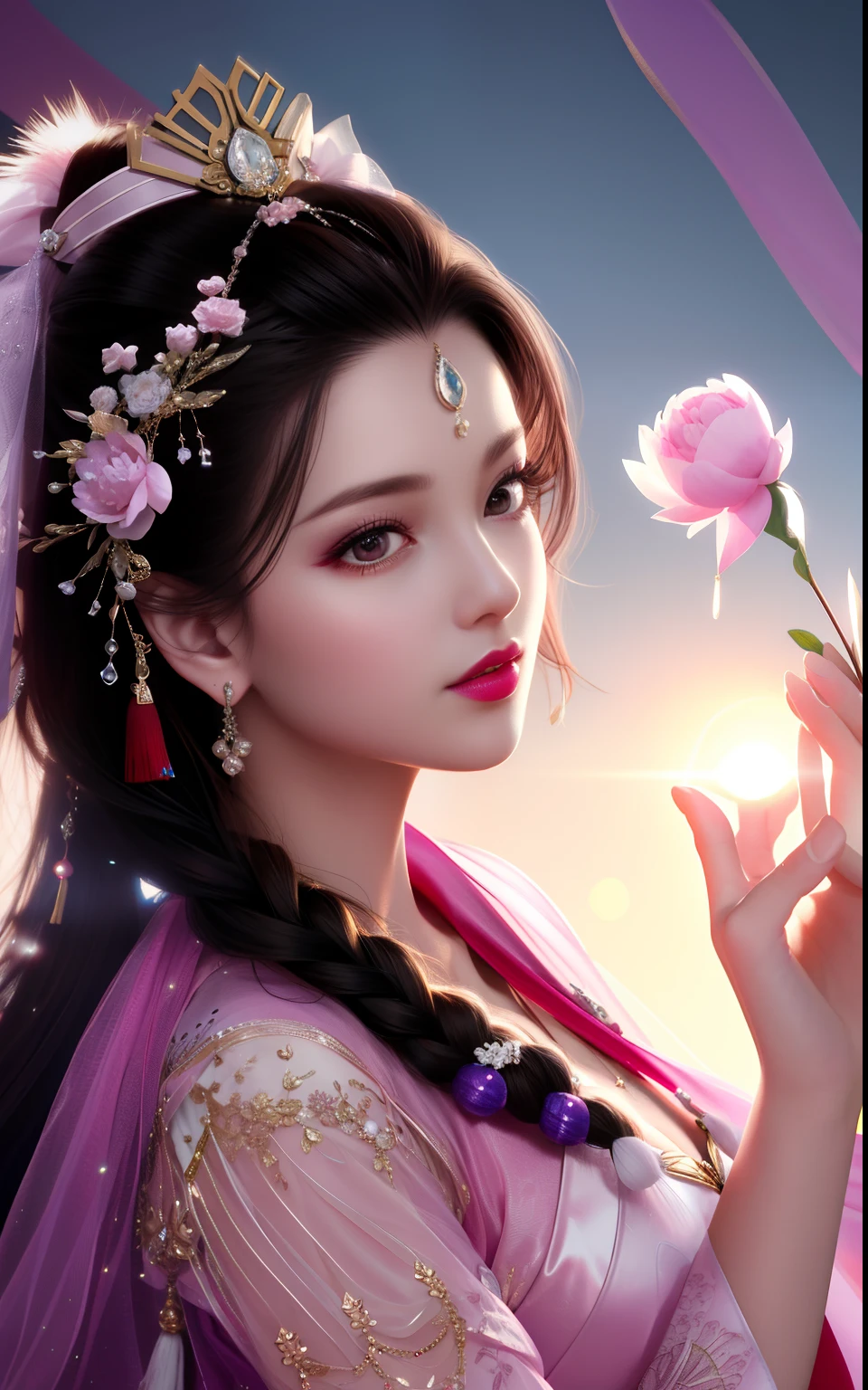 best quality, masterpiece,Upper body,(background:Garden),1 girl, mature woman, chinese style, ancient china, sister, dancer, dark brown hair, dark hair, princess cut, a Fried Dough Twists braid, coiled hair, double ball head,Coiled hair,streamers, light pink lips, calm, intellectual,Purple eyes, tassels, silver thread, beads,peony flowers, gowns, capes, silk skirts, embroidery, fine face, facial close-up, hand close-up,Light-colored clothes,Beautiful face,photorealistic, rim lighting, two tone lighting,(high detailed skin:1.2), 8k uhd, dslr, soft lighting, high quality, volumetric lighting, Photograph, high resolution, 4k, 8k, Bokeh