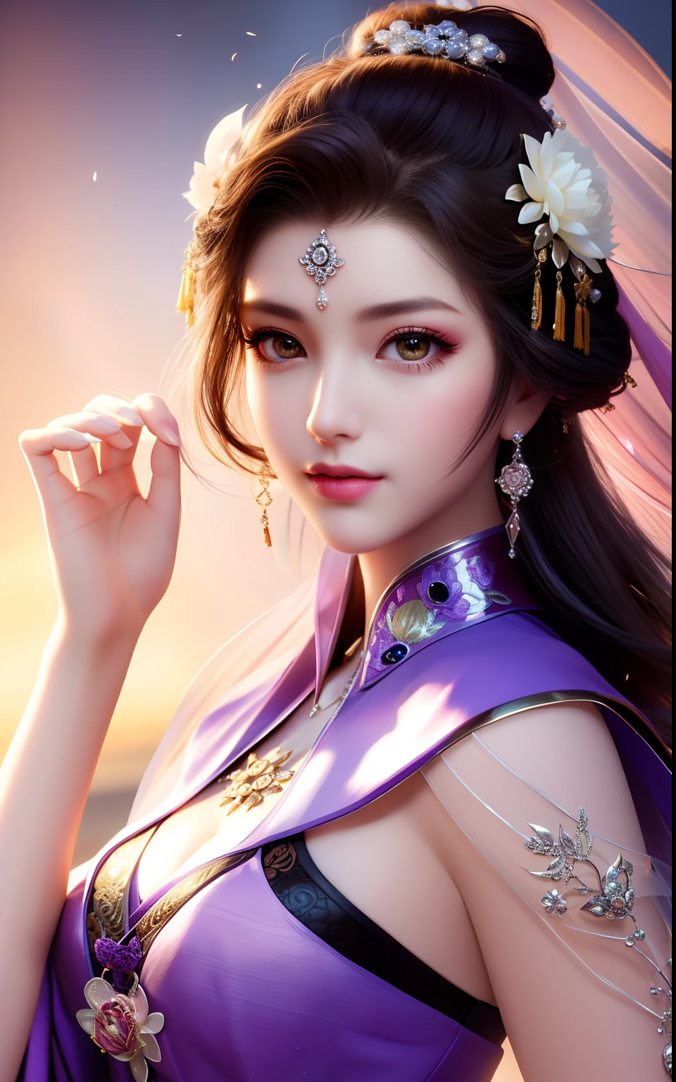 best quality, masterpiece,most of the body,(background:Garden),1 girl, mature woman, chinese style, ancient china, sister, dancer, dark brown hair, dark hair, princess cut, a Fried Dough Twists braid, coiled hair, double ball head,Coiled hair,streamers, light pink lips, calm, intellectual,Purple eyes, tassels, silver thread, beads,peony flowers, gowns, capes, silk skirts, embroidery, fine face, facial close-up, hand close-up,Light-colored clothes,Beautiful face,photorealistic, rim lighting, two tone lighting,(high detailed skin:1.2), 8k uhd, dslr, soft lighting, high quality, volumetric lighting, Photograph, high resolution, 4k, 8k, Bokeh