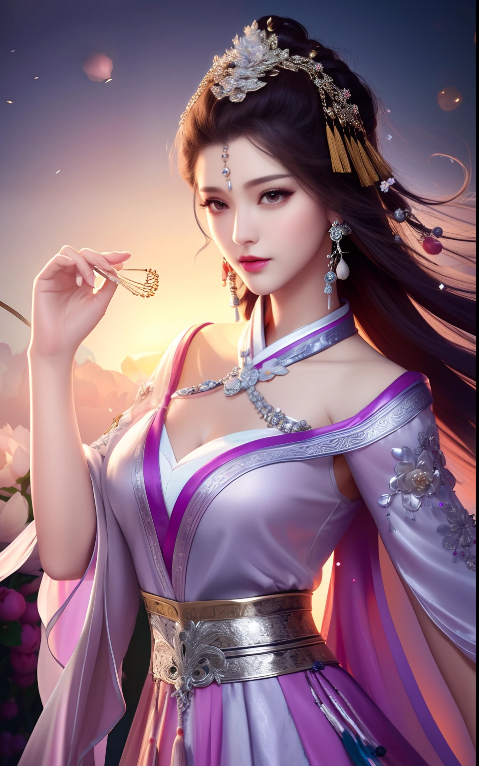 best quality, masterpiece,most of the body,(background:Garden),1 girl, mature woman, chinese style, ancient china, sister, dancer, dark brown hair, dark hair, princess cut, a Fried Dough Twists braid, coiled hair, double ball head,Coiled hair,streamers, light pink lips, calm, intellectual,Purple eyes, tassels, silver thread, beads,peony flowers, gowns, capes, silk skirts, embroidery, fine face, facial close-up,Light-colored clothes,Beautiful face,photorealistic, rim lighting, two tone lighting,(high detailed skin:1.2), 8k uhd, dslr,soft lighting, high quality, Photograph, high resolution, 4k, 8k, Bokeh