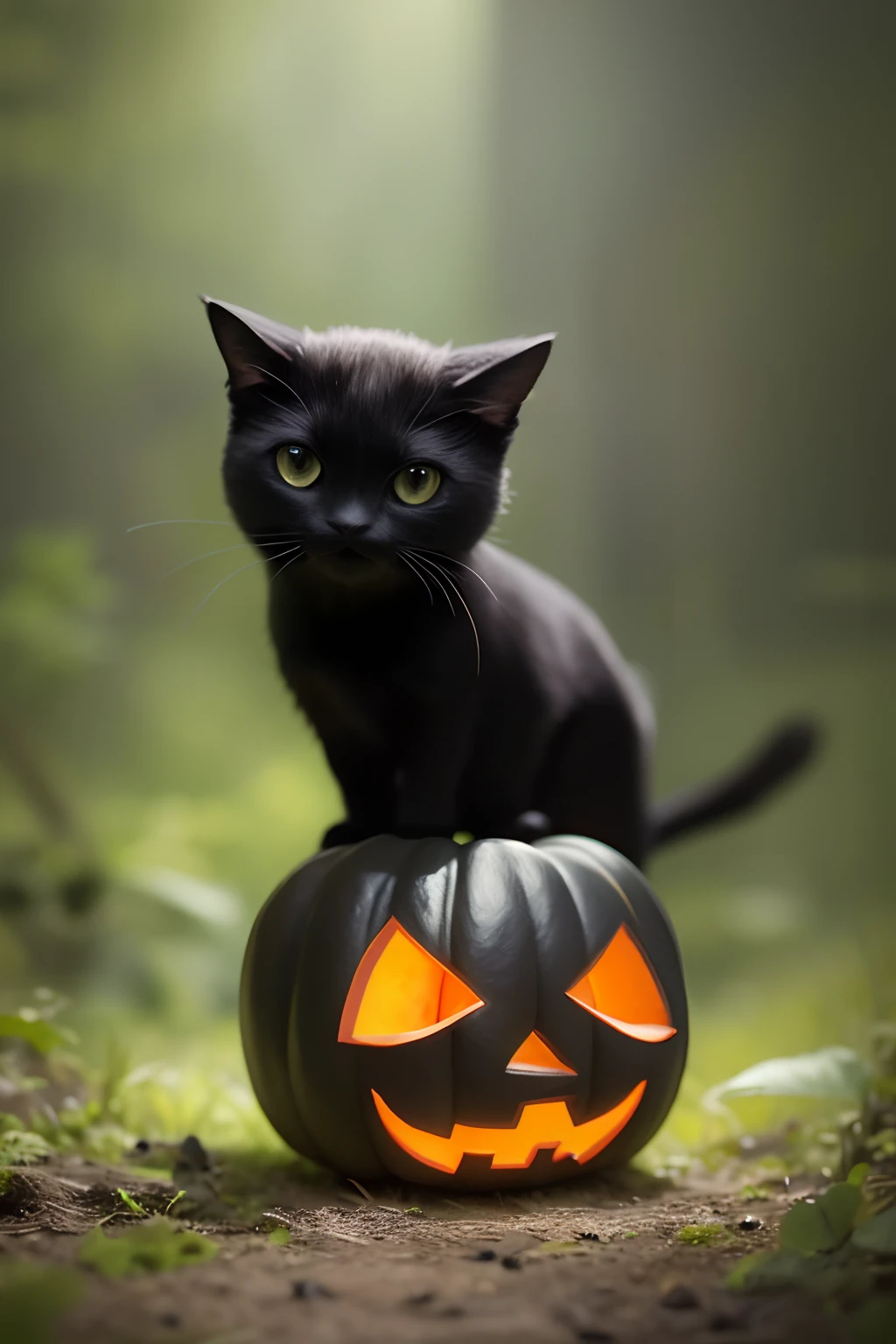 Natural miniature landscape, The little black cat hides here Halloween Pumpkin, vine, Large leaf, ambient lighting, dreamatic lighting, global illumination, backlighting, bloom, macrography,moss, background out of focus, cinematic composition , ultra-detailed, realistic, hyper-realistic, volumetric lighting,sharp focus,,photo realistic, detailed skin, 8k, trending on artstation, smooth, 3d animation