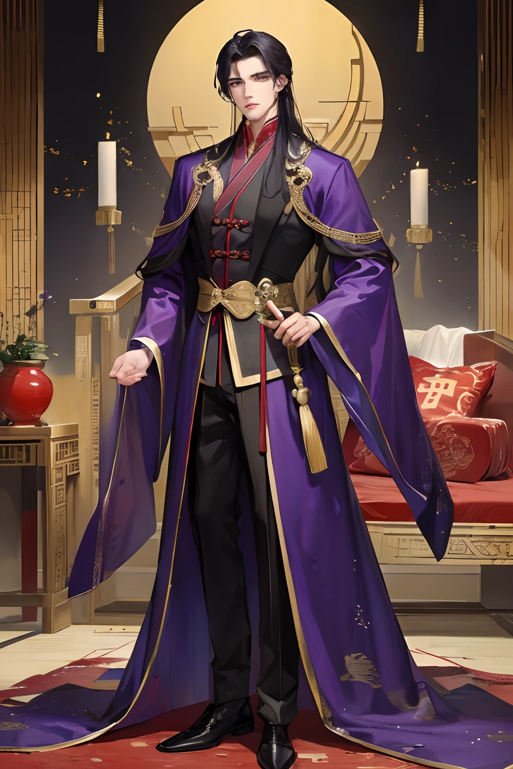 Masterpiece, Best Quality, Night, Full Moon, 1 Man, Mature Man, Chinese Style, Ancient China, Black Hair, Split Hair, Long Hair, Handsome, Handsome, Masculine, Serious, Gentle, Tall, Quiet, Purple Eyes, Luxury Clothing, Golden Clothing, Court Clothing, Prince, Brush