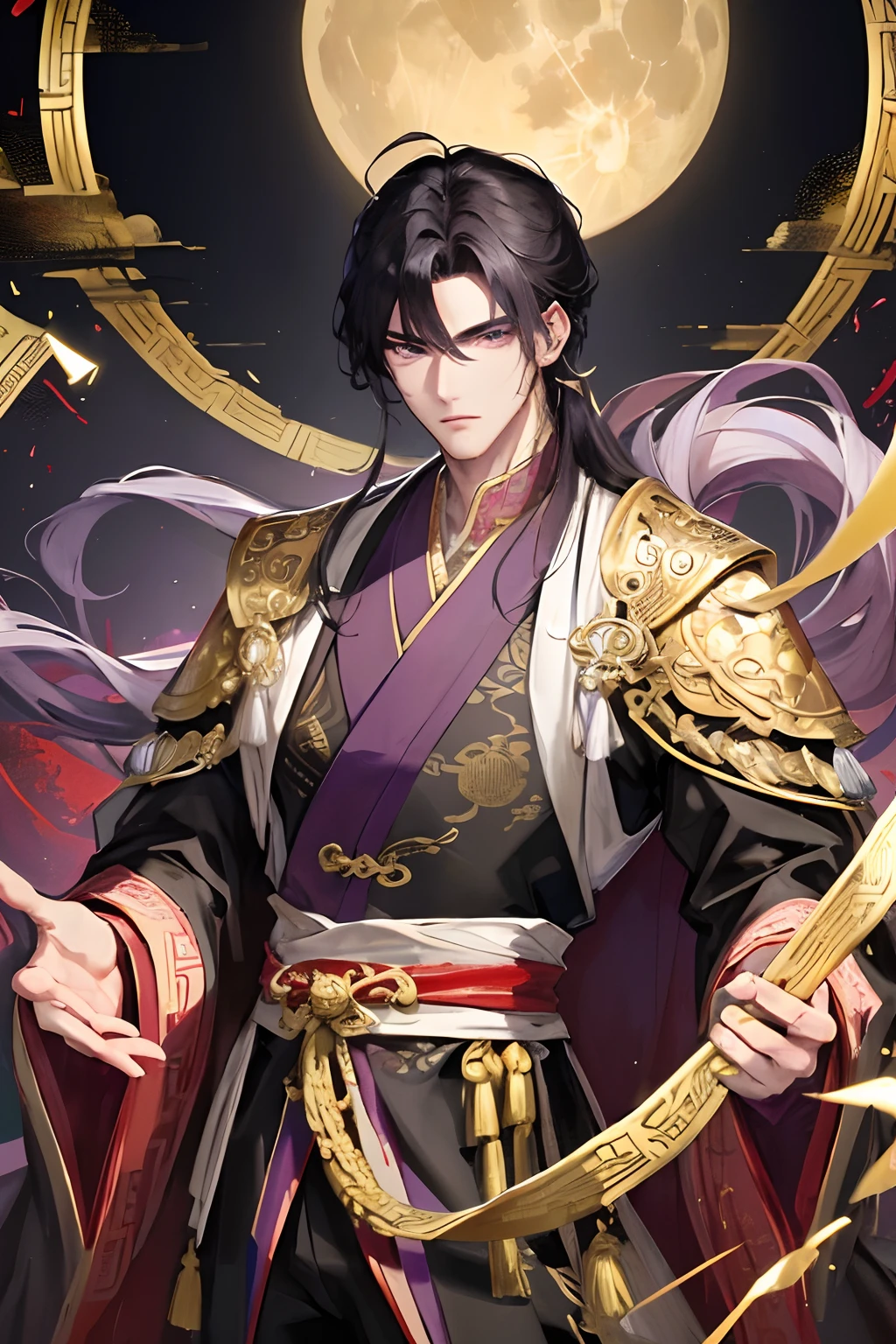 Masterpiece, Best Quality, Night, Full Moon, 1 Man, Mature Man, Chinese Style, Ancient China, Black Hair, Purple Eyes, Split Hair, Long Hair, Handsome, Handsome, Masculine, Serious, Gentle, Tall, Quiet, White and Gold Alternating Clothing, Golden Pattern, Dragon Pattern, Court Clothing, Prince, Brush