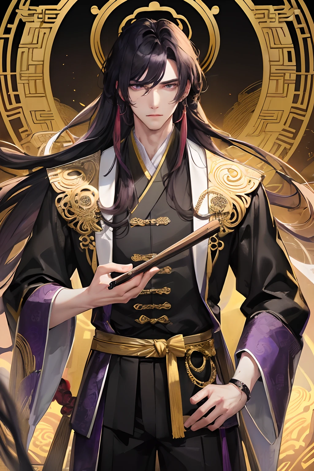 Masterpiece, Best Quality, Night, Full Moon, 1 Man, Mature Man, Chinese Style, Ancient China, Black Hair, Purple Eyes, Split Hair, Long Hair, Long Bangs, Handsome, Handsome, Masculine, Serious, Gentle, Tall, Calm, Yellow Clothes, White and Gold Alternatives, Golden Patterns, Dragon Patterns, Prince, Brush