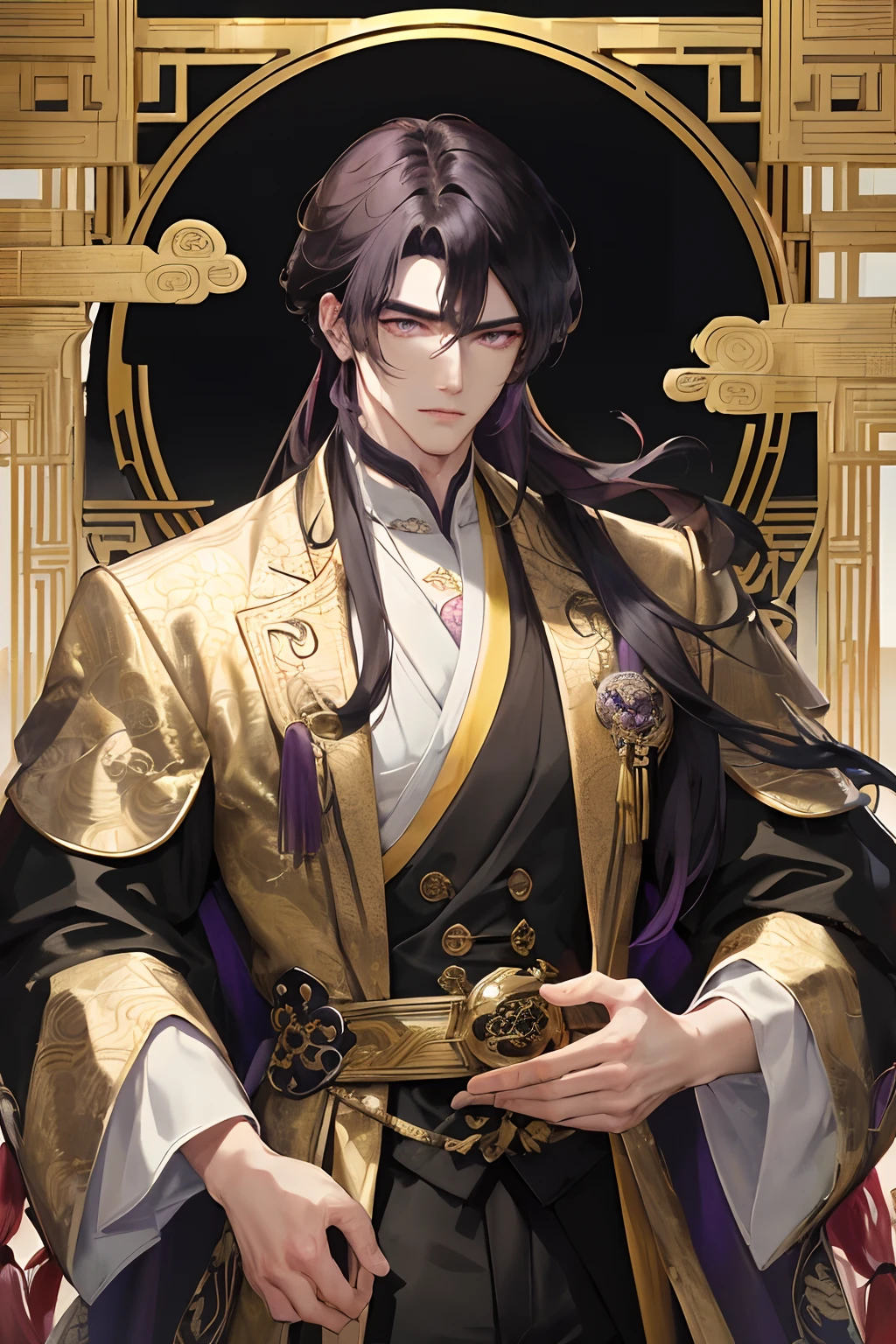 Masterpiece, Best Quality, Night, Full Moon, 1 Man, Mature Man, Chinese Style, Ancient China, Black Hair, Purple Eyes, Split Hair, Long Hair, Long Bangs, Handsome, Handsome, Masculine, Serious, Gentle, Tall, Calm, Yellow Clothes, Pure Yellow Clothes, White and Gold Alternatives, Golden Pattern, Dragon Pattern, Prince, Brush