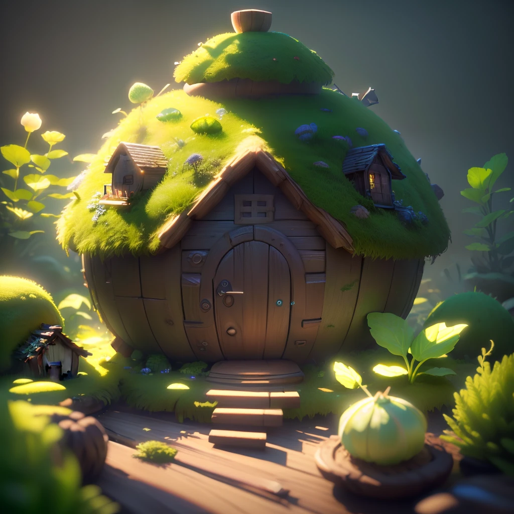 masterpiece, best quality, (extremely detailed CG unity 8k wallpaper), (best quality), (best illustration), (best shadow), A round turnip hut covered with moss, isometric 3D, octane render,ray tracing,ultra detailed
