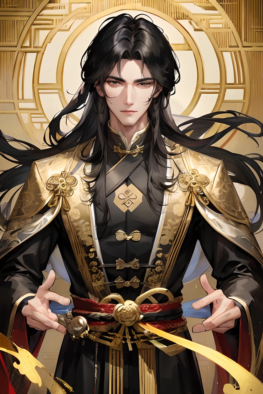 Masterpiece, Best Quality, Night, Full Moon, 1 Man, Mature Man, Chinese Style, Ancient China, Black Hair, Black Eyes, Split Hair, Long Hair, Long Bangs, Handsome, Handsome, Masculine, Serious, Gentle, Tall, Calm, Black and Gold Blended Clothing, Golden Pattern, Dragon Pattern Road, Prince, Palace