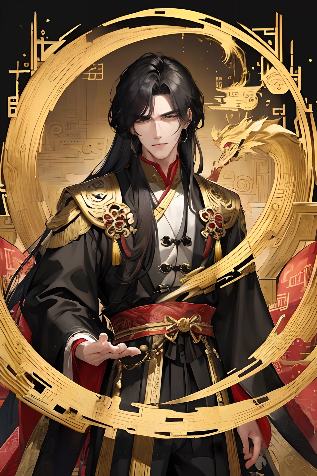 Masterpiece, Best Quality, Night, Full Moon, 1 Man, Mature Man, Chinese Style, Ancient China, Black Hair, Black Eyes, Split Hair, Long Hair, Long Bangs, Handsome, Handsome, Masculine, Serious, Gentle, Tall, Calm, Black and Gold Blended Clothing, Golden Pattern, Dragon Pattern Road, Prince, Palace