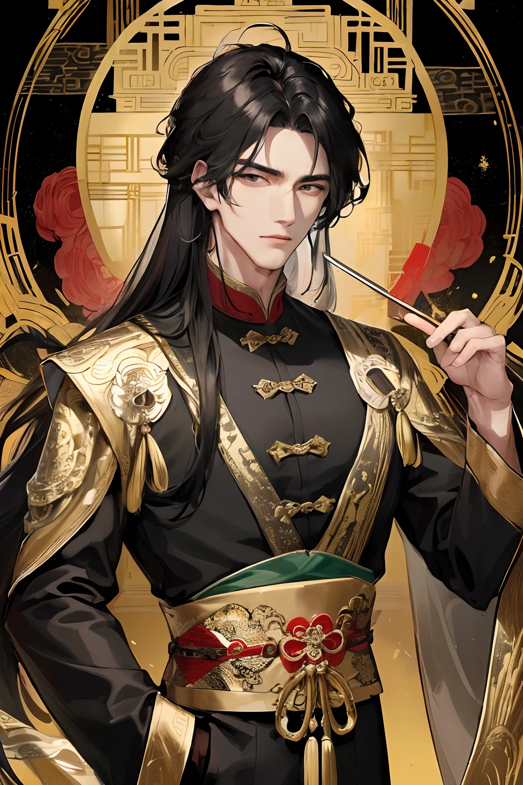 Masterpiece, Best Quality, Night, Full Moon, 1 Man, Mature Man, Chinese Style, Ancient China, Black Hair, Black Eyes, Split Hair, Long Hair, Long Bangs, Handsome, Handsome, Masculine, Serious, Gentle, Tall, Calm, Black and Gold Blended Clothing, Golden Patterns, Dragon Patterns, Prince, Palace, In Palace