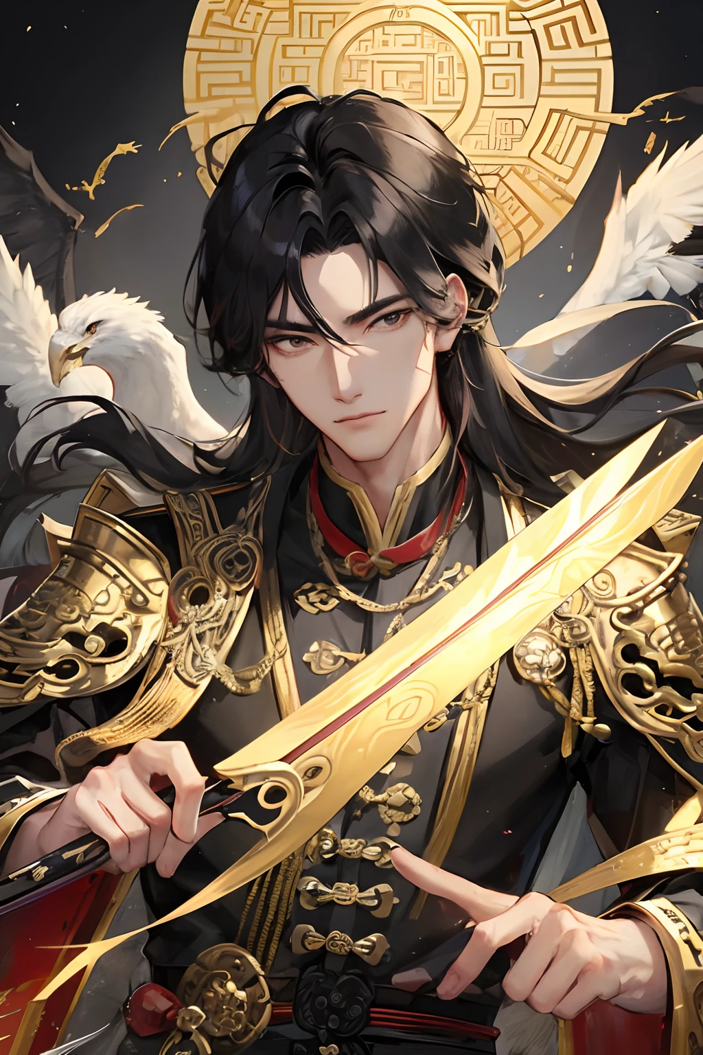 Masterpiece, Best Quality, Night, Full Moon, 1 Man, Mature Man, Chinese Style, Ancient China, Chinese Palace, Eagle, Black Hair, Black Eyes, Split Hair, Long Hair, Long Bangs, Handsome, Handsome, Masculine, Serious, Gentle, Tall, Quiet, Black and Gold Alternating Clothing, Golden Pattern, Dragon Pattern, Prince, Sword Paired,