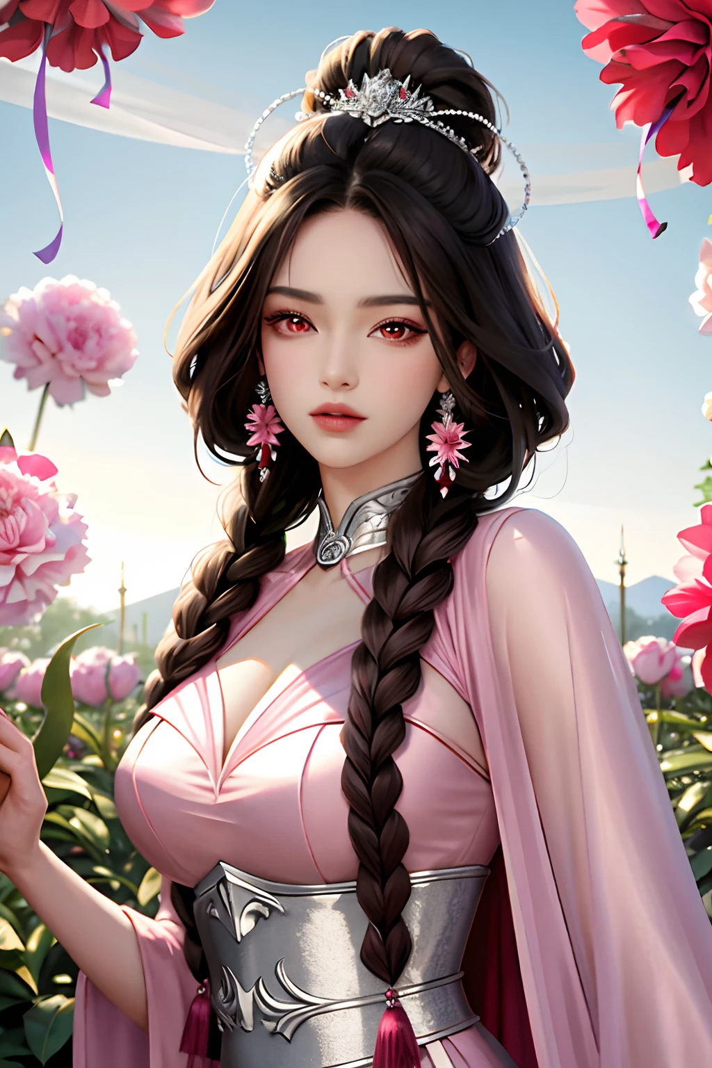 masterpiece, best quality, high quality, High definition, High quality texture, High quality shadow, high detail, Cinematic Light, sidelighting, Ray tracing, sharp focus, gundam,(background:Garden),1 girl, mature woman, chinese style, ancient china, sister, dancer, dark brown hair, dark hair, princess cut, a Fried Dough Twists braid, coiled hair, double ball head,Coiled hair,streamers, light pink lips, calm, intellectual,red eyes, tassels, silver thread, beads,peony flowers, gowns, capes, silk skirts, embroidery, fine face, facial close-up,Light-colored clothes,Beautiful face,photorealistic, rim lighting
