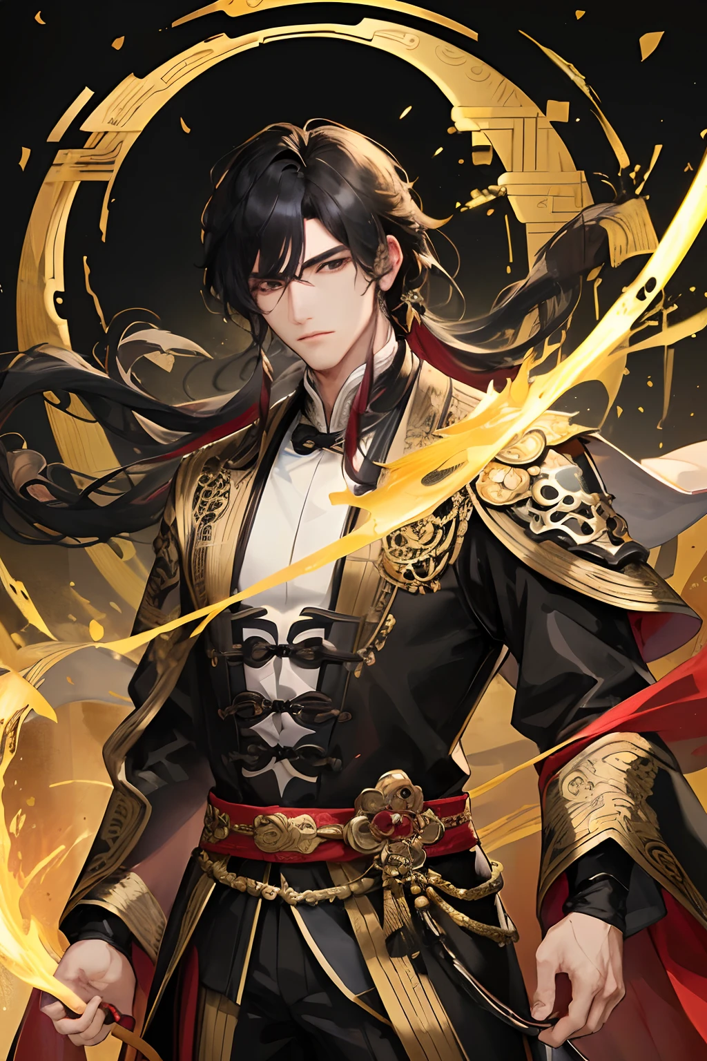 Masterpiece, Best Quality, Night, Full Moon, 1 Man, Mature Man, Chinese Style, Ancient China, Black Hair, Black Eyes, Split Hair, Long Hair, Long Bangs, Handsome, Handsome, Masculine, Serious, Gentle, Tall, Calm, Black and Gold Blended Clothing, Golden Pattern, Dragon Pattern, Prince, With Sword