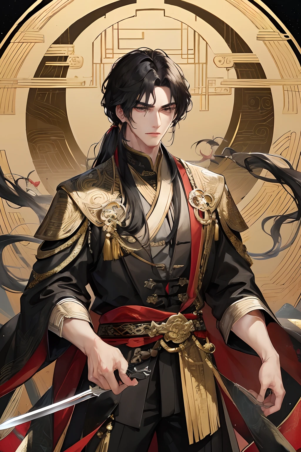 Masterpiece, Best Quality, Night, Full Moon, 1 Man, Mature Man, Chinese Style, Ancient China, Black Hair, Black Eyes, Split Hair, Long Hair, Long Bangs, Handsome, Handsome, Masculine, Serious, Gentle, Tall, Calm, Black and Gold Blended Clothing, Golden Pattern, Dragon Pattern, Prince, With Sword