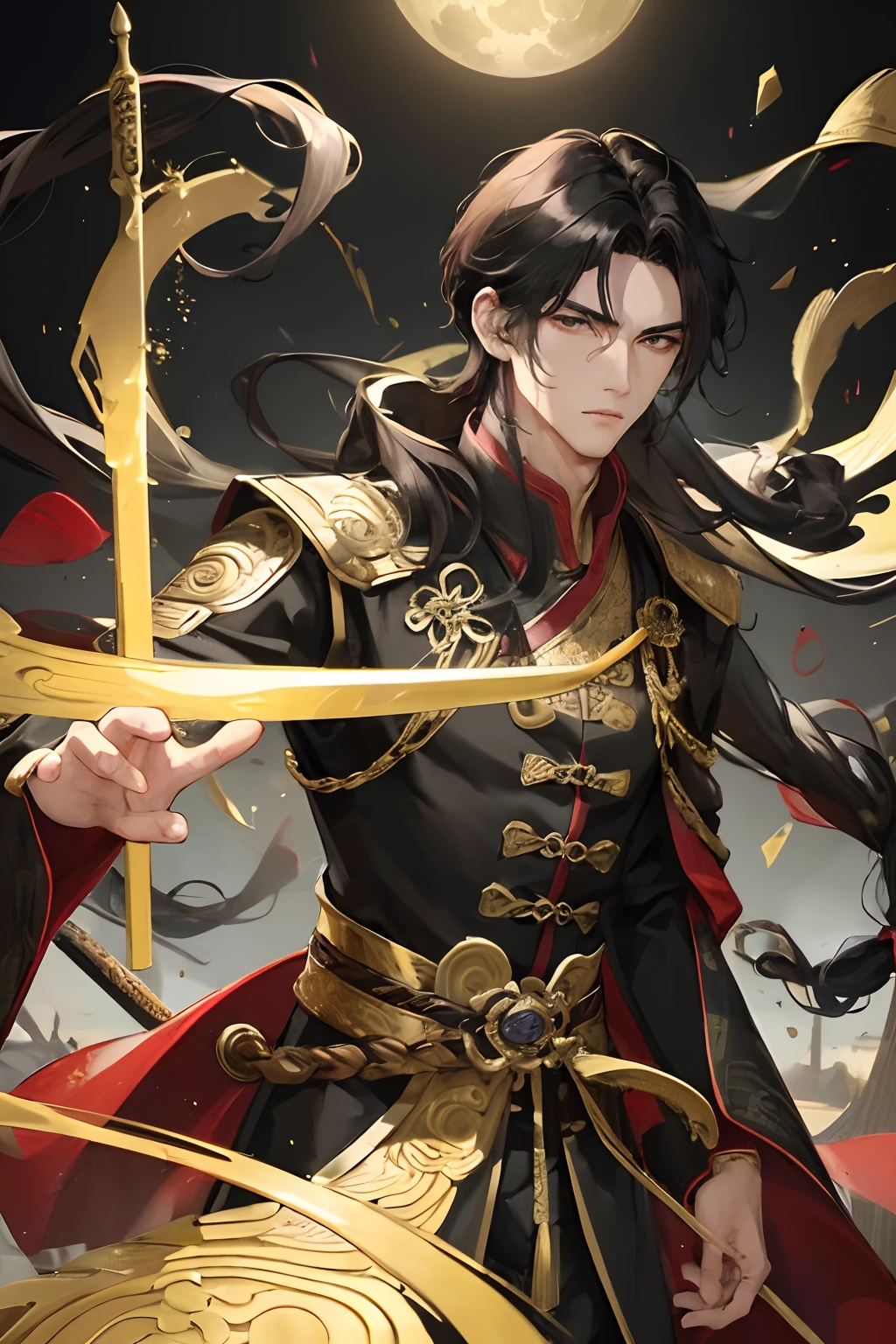 Masterpiece, Best Quality, Night, Full Moon, 1 Man, Mature Man, Chinese Style, Ancient China, Black Hair, Black Eyes, Split Hair, Long Hair, Long Bangs, Handsome, Handsome, Masculine, Serious, Gentle, Tall, Calm, Black and Gold Blended Clothing, Golden Pattern, Dragon Pattern, Prince, With Sword