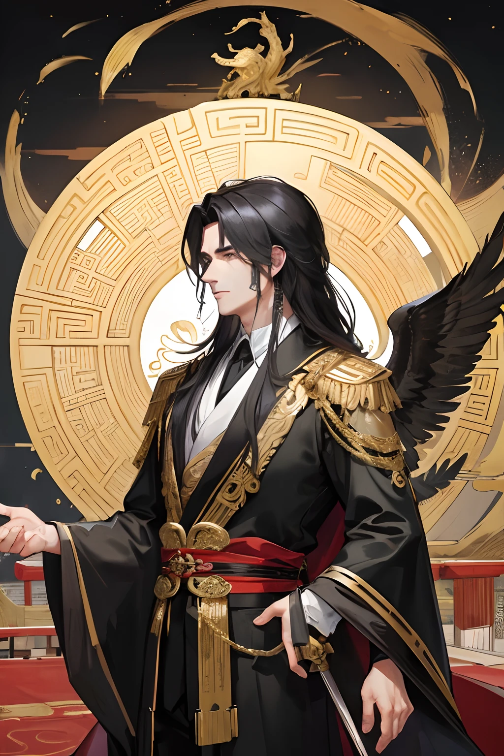 Masterpiece, Best Quality, Night, Full Moon, 1 Man, Mature Man, Ancient China, Chinese Palace, Eagle, Black Hair, Black Eyes, Split Hair, Long Hair, Long Bangs, Handsome, Handsome, Masculine, Serious, Gentle, Tall, Calm, Black and Gold Alternating Clothing, Golden Pattern, Dragon Pattern, Prince, Sword Pairing, Side, Facial Details, Facial Exquisite