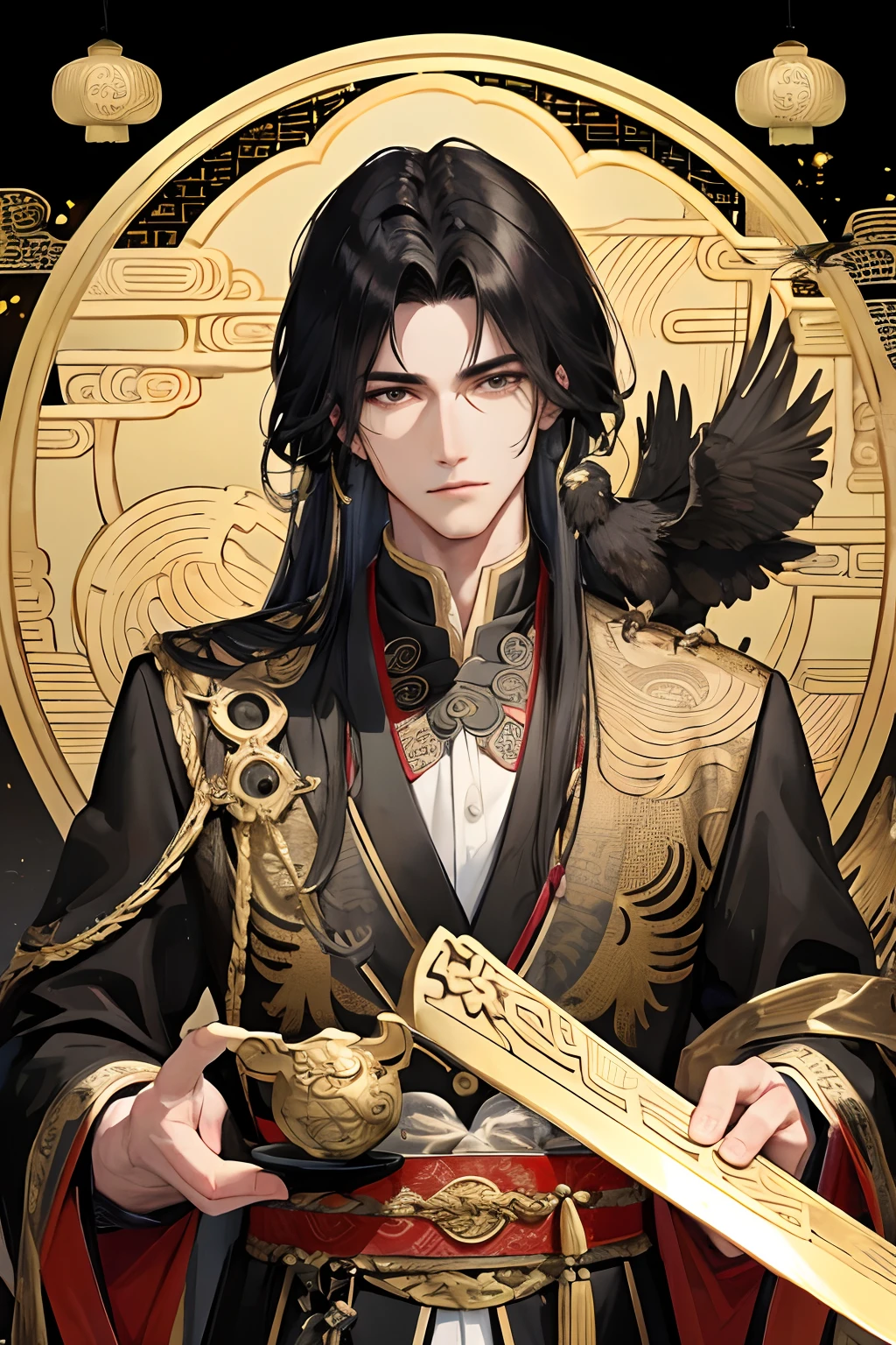 Masterpiece, Best Quality, Night, Full Moon, 1 Man, Mature Man, Ancient China, Chinese Palace, Eagle, Black Hair, Black Eyes, Split Hair, Long Hair, Long Bangs, Handsome, Handsome, Masculine, Serious, Gentle, Tall, Calm, Black and Gold Alternating Clothing, Golden Pattern, Dragon Pattern, Prince, Sword Pairing, Side, Facial Details, Facial Exquisite