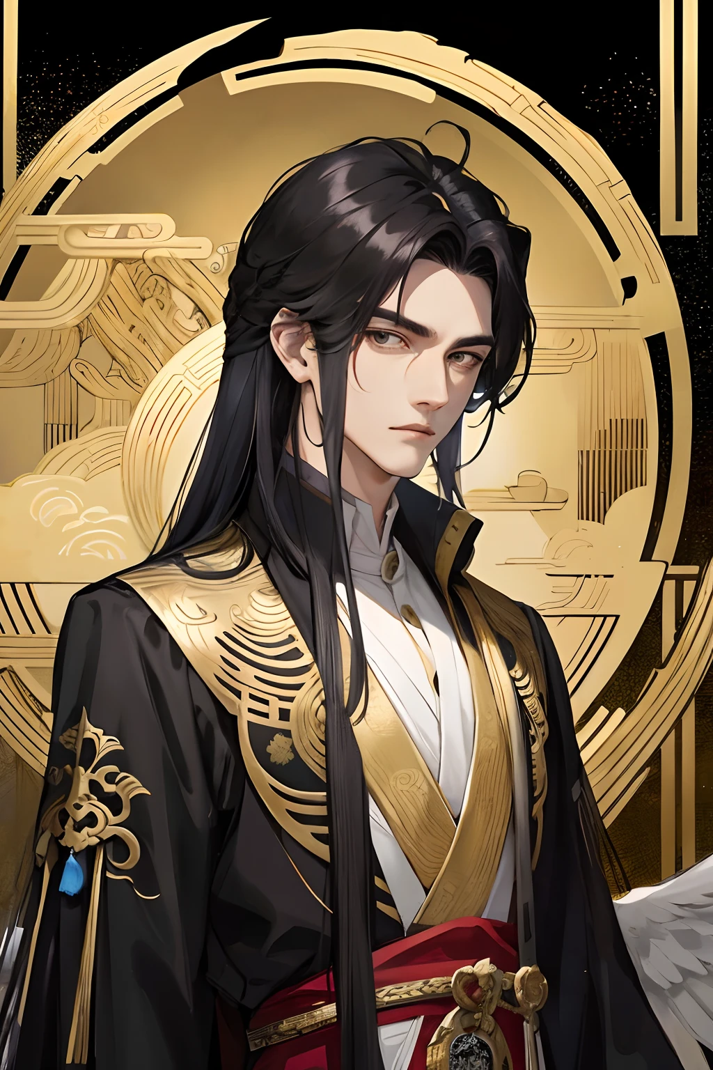 Masterpiece, Best Quality, Night, Full Moon, 1 Man, Mature Man, Ancient China, Chinese Palace, Eagle, Black Hair, Black Eyes, Split Hair, Long Hair, Long Bangs, Handsome, Handsome, Masculine, Serious, Gentle, Tall, Calm, Black and Gold Alternating Clothing, Golden Pattern, Dragon Pattern, Prince, Sword Pairing, Side, Facial Details, Facial Exquisite