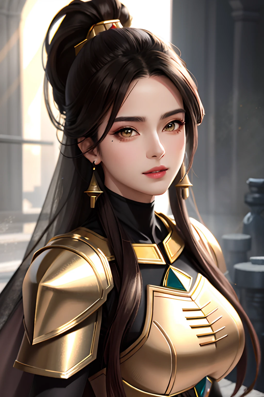 masterpiece, best quality, high quality, High definition, High quality texture, High quality shadow, high detail, Cinematic Light, sidelighting, Ray tracing, sharp focus, gundam,(battlefield),(gunsmoke),1 girl, mature woman, chinese style, ancient china, sister, imperial sister, smile, black hair, high ponytail, coiled hair, hairpins, light pink lips, calm, intellectual, brown eyes, tassels, gold thread, beads, armor, shroud silk dress, fine face, facial close-up,Beautiful face,photorealistic, rim lighting, two tone lighting,(high detailed skin:1.2), 8k uhd, dslr, soft lighting, high quality, high resolution, 