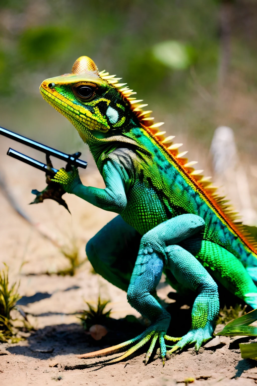 A color-changing lizard dressed in ninja attire, wearing a straw hat, wielding weapons, using leaves as camouflage, and anthropomorphized.