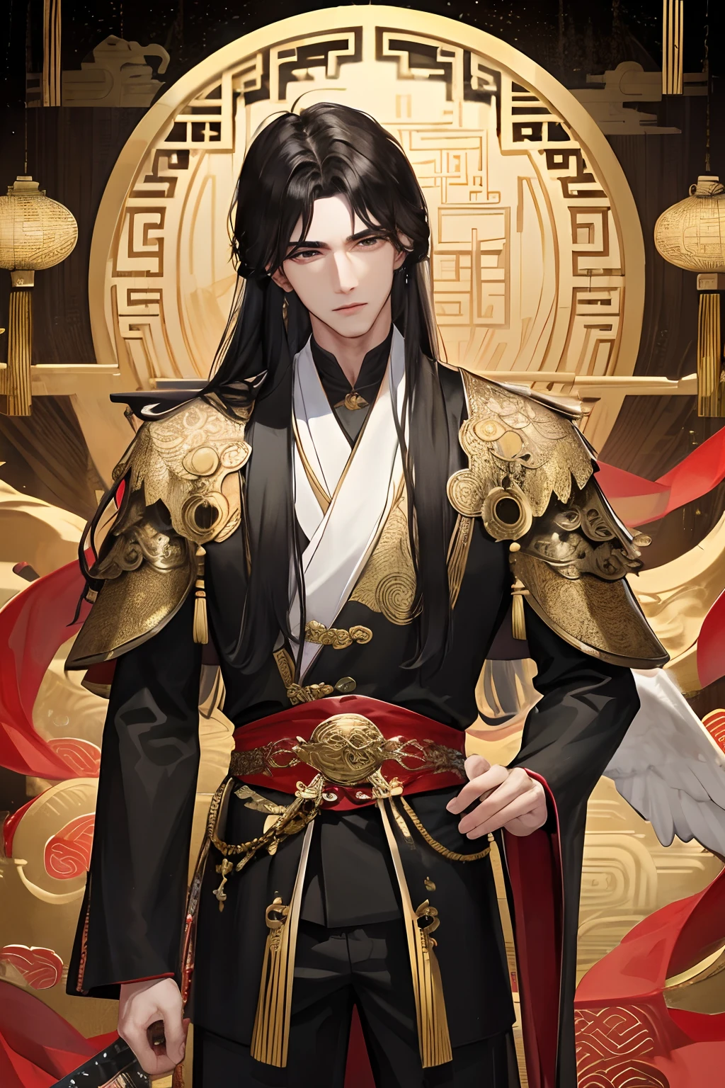 Masterpiece, Best Quality, Night, Full Moon, 1 Man, Mature Man, Ancient China, Chinese Palace, Eagle, Black Hair, Black Eyes, Split Hair, Long Hair, Long Bangs, Handsome, Mian Diao, Chinese Crown, Handsome, Masculine, Serious, Gentle, Tall, Calm, Black and Gold Alternating Clothing, Gold Pattern, Dragon Pattern, Prince, Sword Pairing, Side, Facial Details, Facial Exquisite